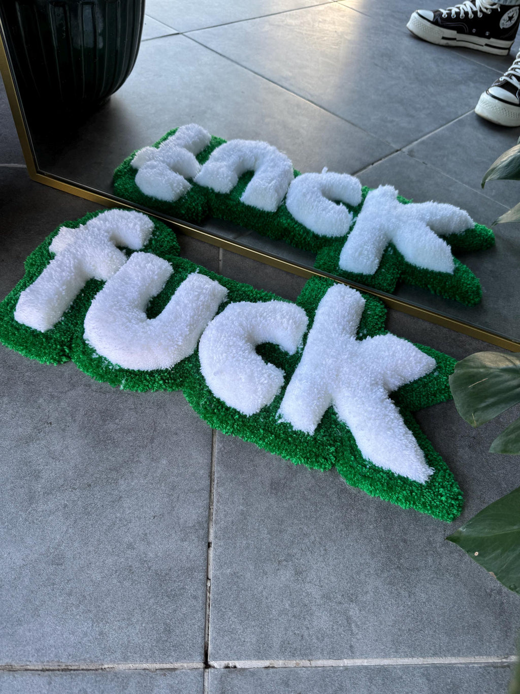 OrnnWorks 3D F*ck Fluffy Tufted Rug Green White
