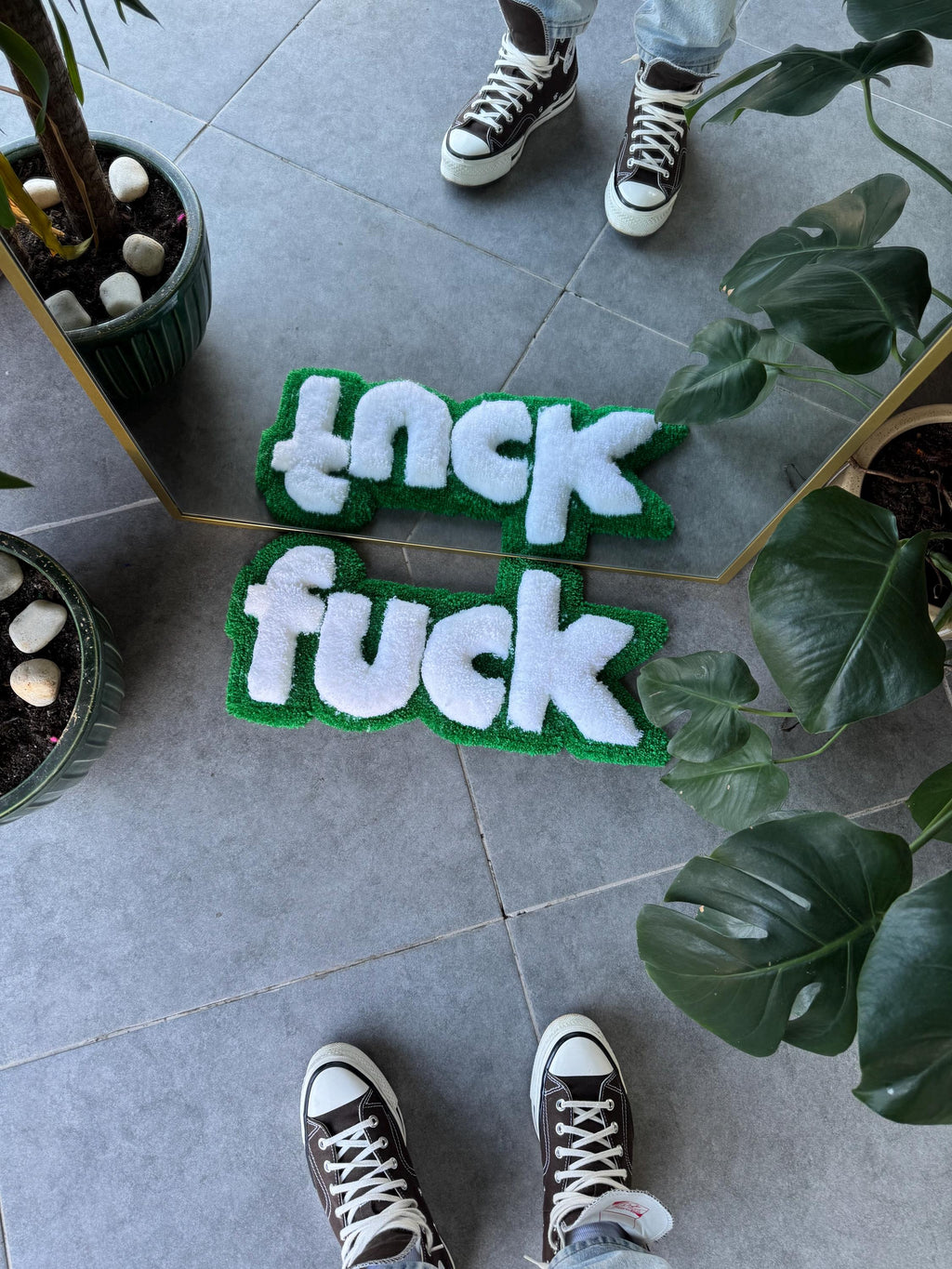 OrnnWorks 3D F*ck Fluffy Tufted Rug Green White