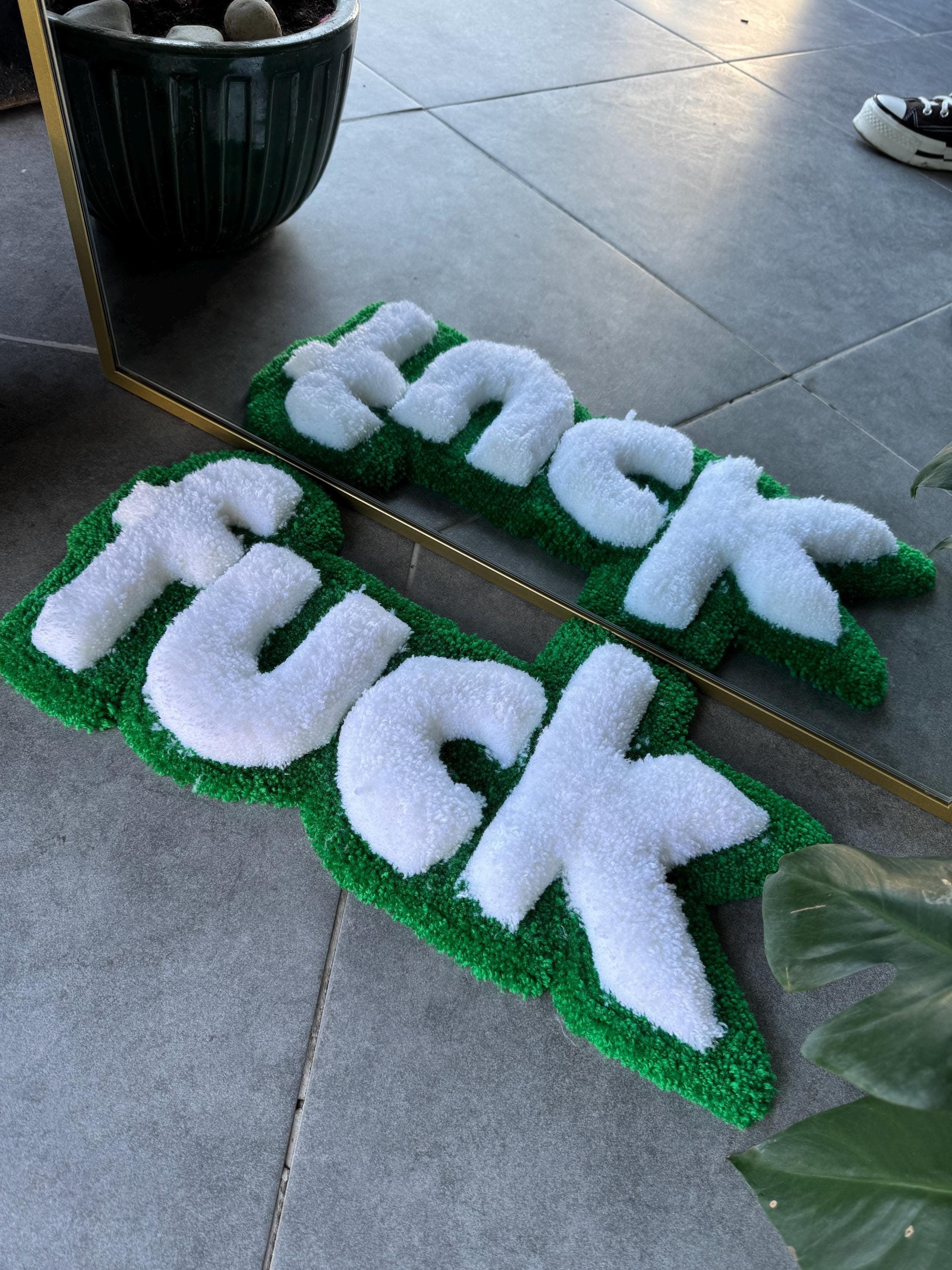 OrnnWorks 3D F*ck Fluffy Tufted Rug Green White