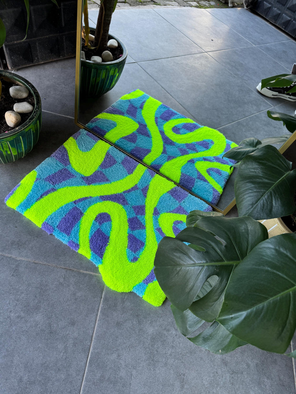 OrnnWorks Neon Green Checkered Fluffy Tufted Rug 23.6x15.7in