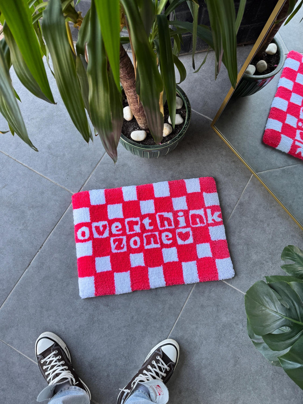 OrnnWorks Overthink Zone Pink & White Checkered Fluffy Tufted Rug