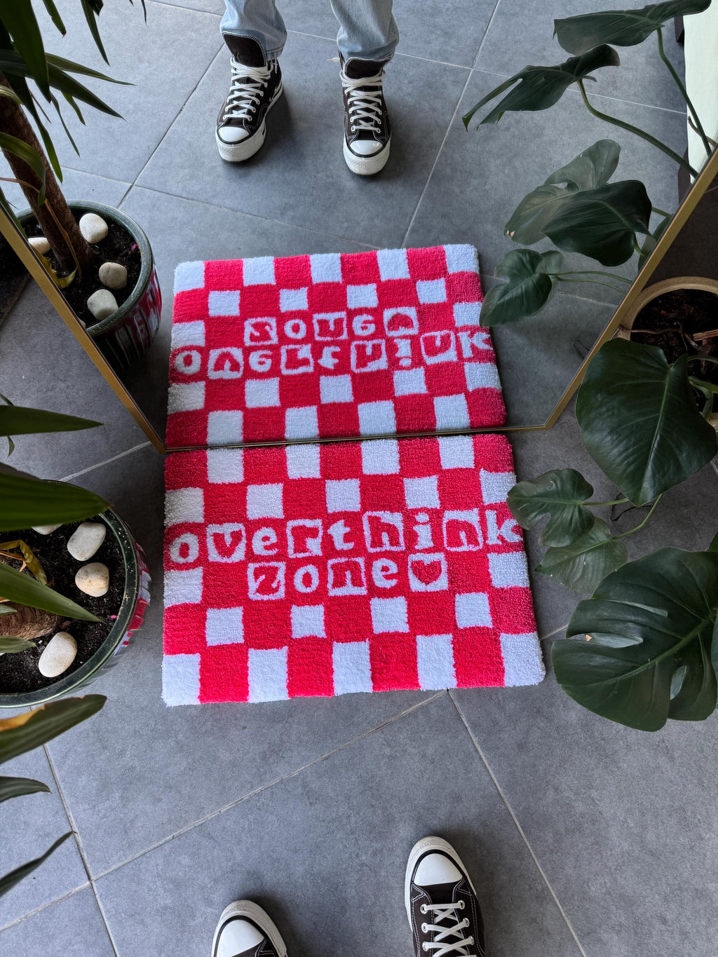 OrnnWorks Overthink Zone Pink & White Checkered Fluffy Tufted Rug