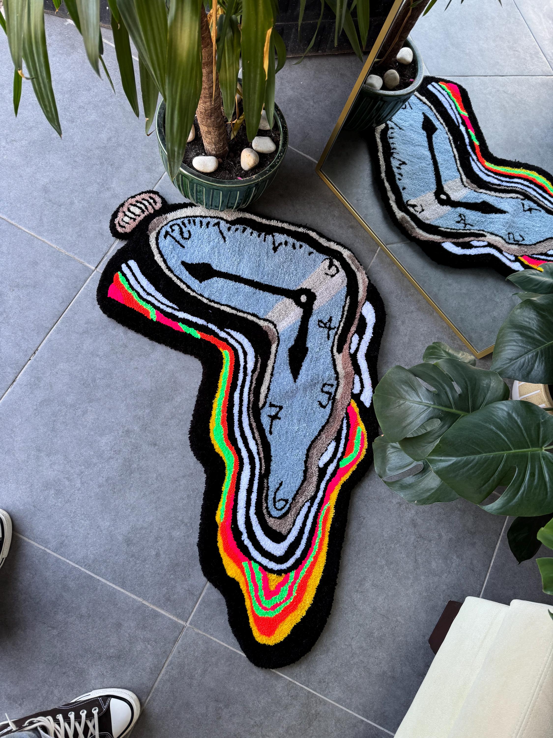OrnnWorks Surreal Melting Clock Rug Neon Fluffy Handmade Tufted Rug