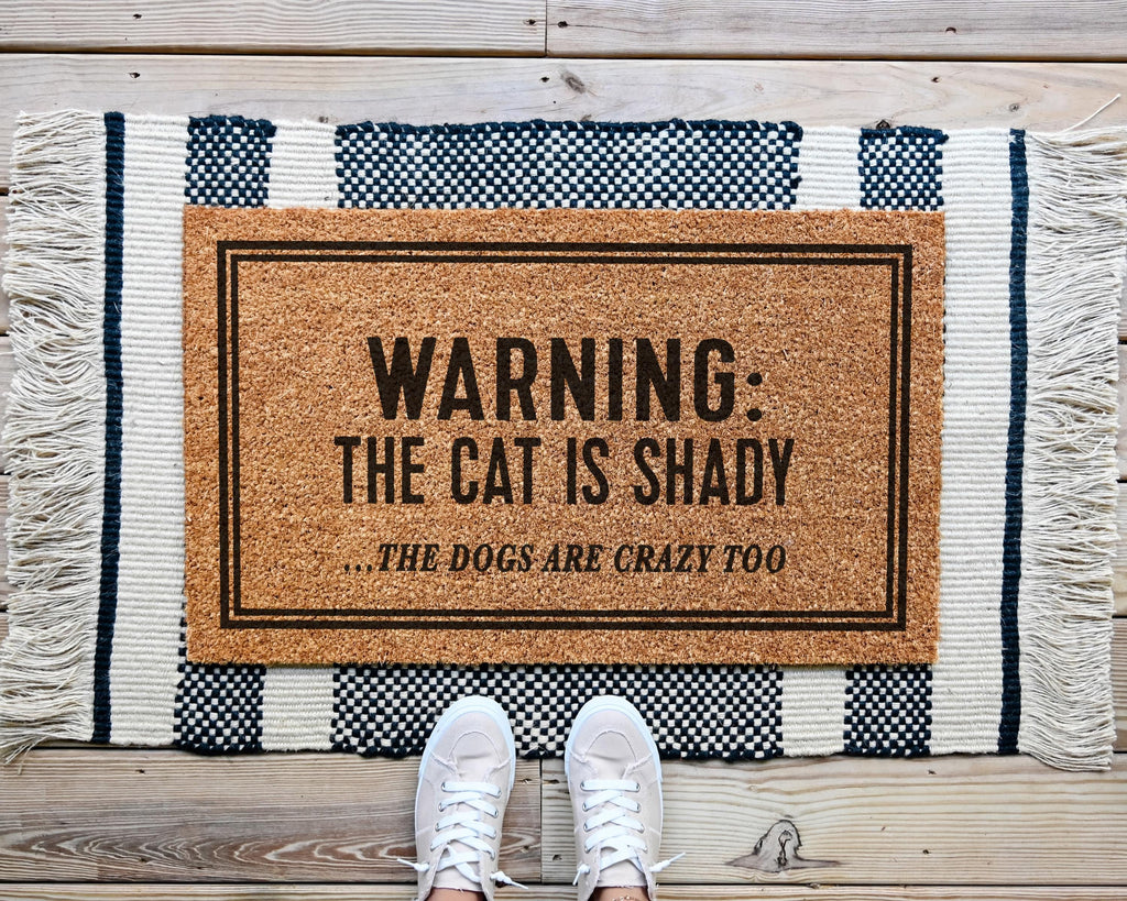 HamlinRowShop Warning the Cat Is Shady Customizable Coir Doormat