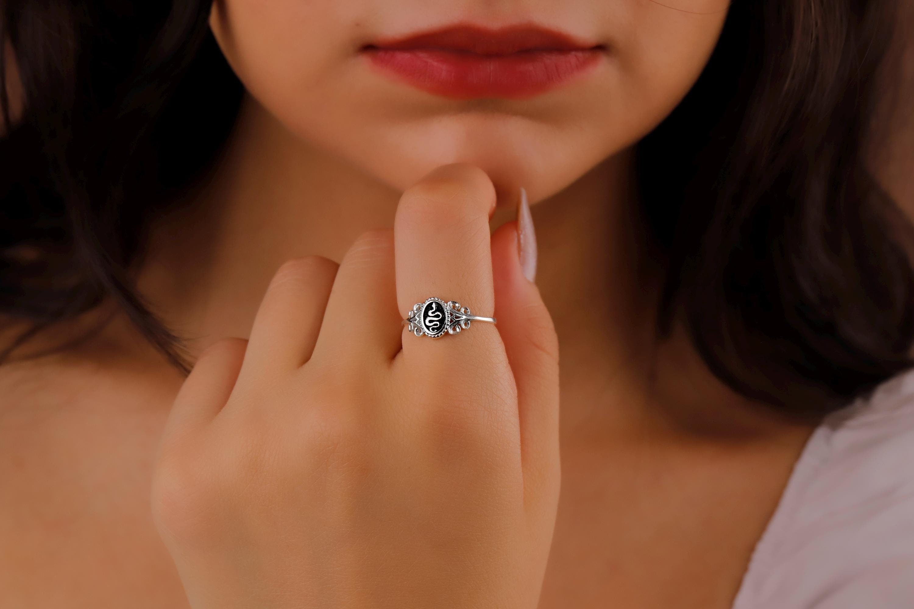 SilverGoldandRose Sterling Silver Snake Signet Ring Women's Pinky