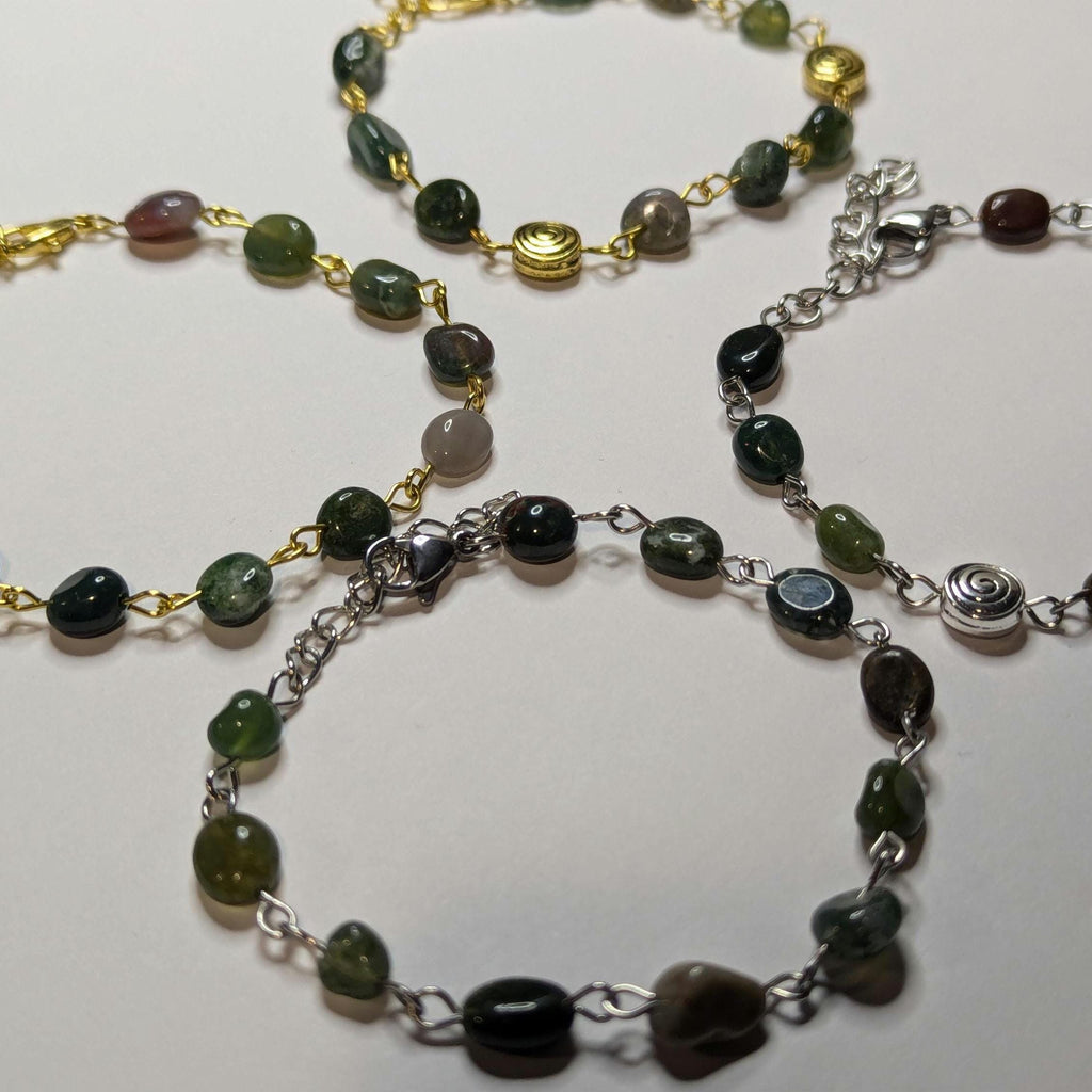 NoctemPottery Moss & India Agate Beaded Bracelet with Spiral Charms