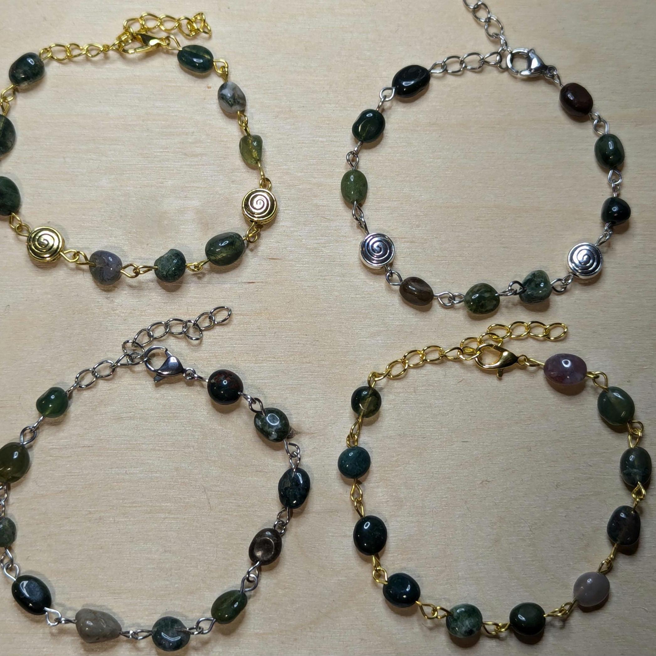 NoctemPottery Moss & India Agate Beaded Bracelet with Spiral Charms