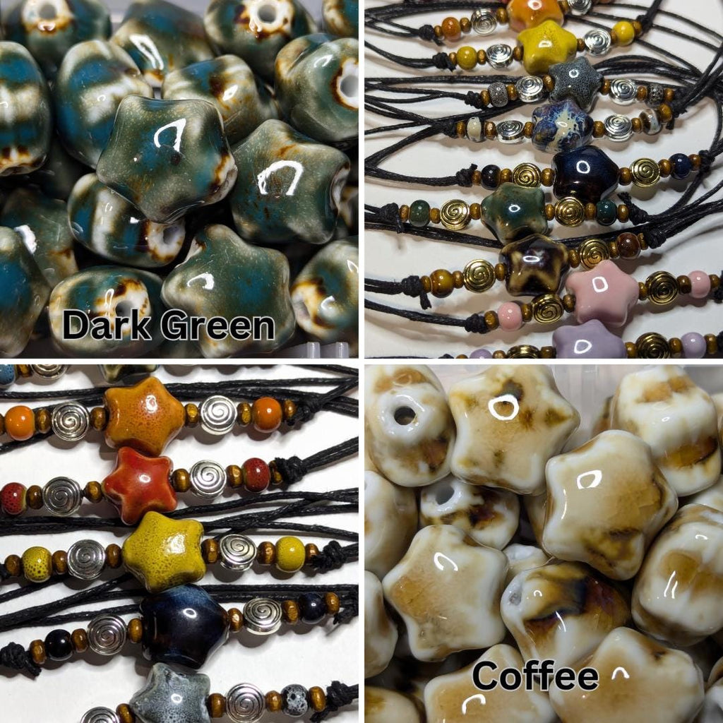NoctemPottery Ceramic Beaded Star Spiral Swirl Pendant Necklace Adjustable Cord