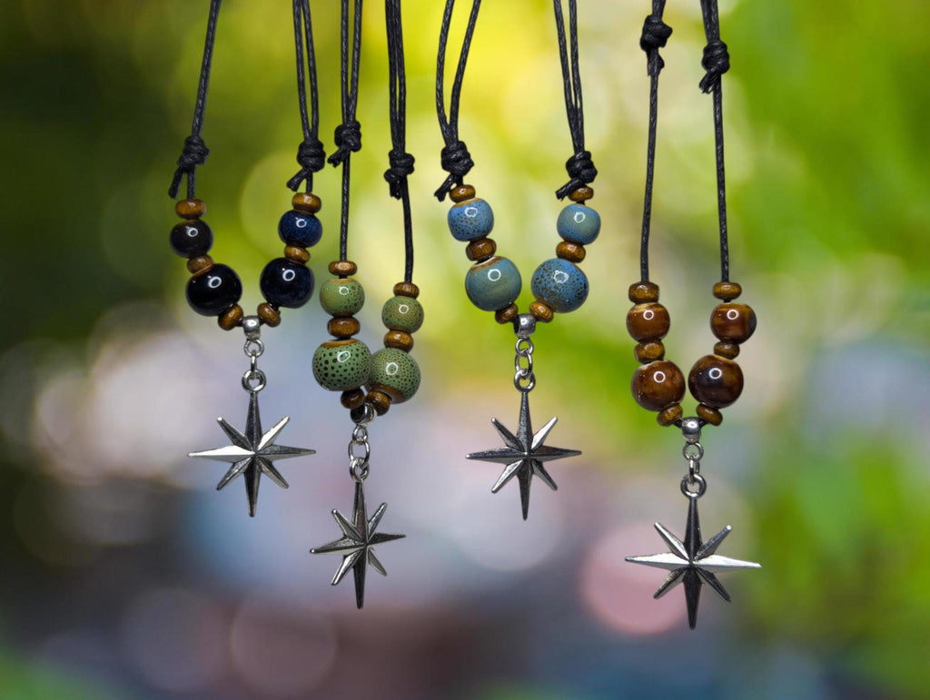 NoctemPottery Ceramic Beaded Star Charm Pendant Choker Necklace Adjustable Black Cord