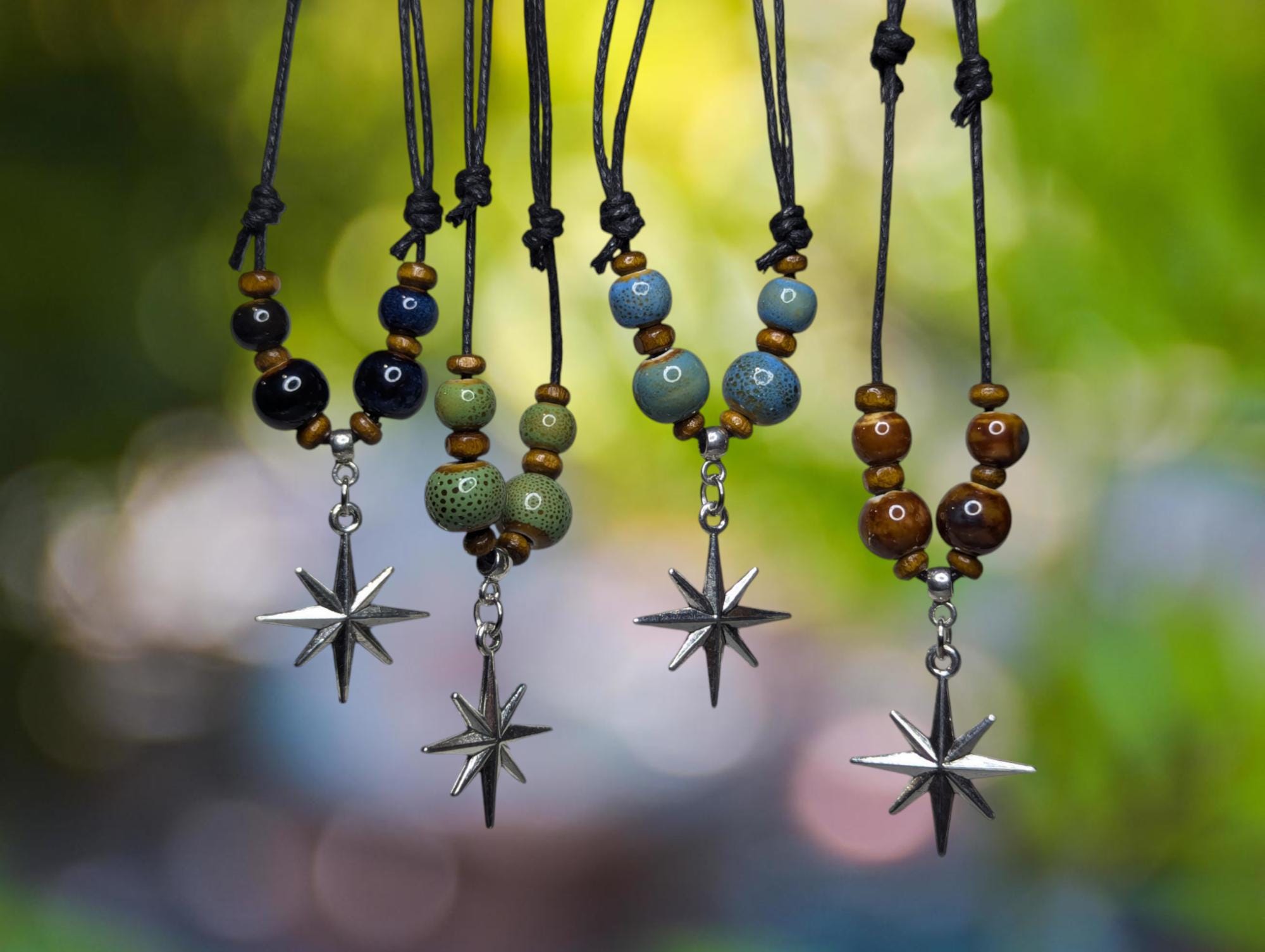 NoctemPottery Ceramic Beaded Star Charm Pendant Choker Necklace Adjustable Black Cord