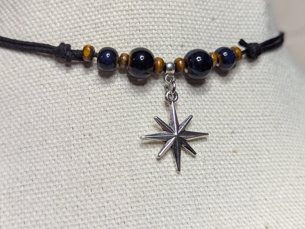 NoctemPottery Ceramic Beaded Star Charm Pendant Choker Necklace Adjustable Black Cord