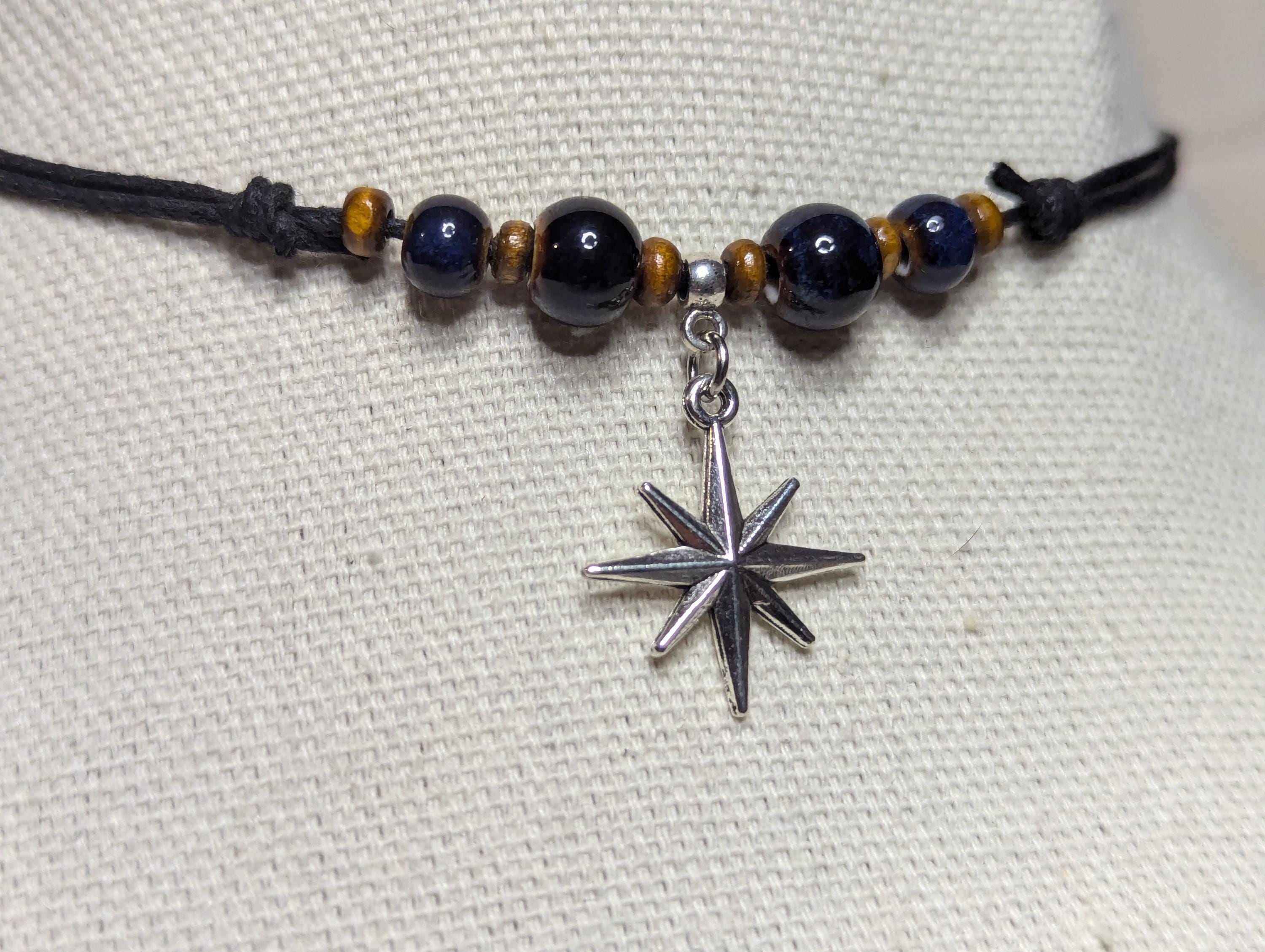 NoctemPottery Ceramic Beaded Star Charm Pendant Choker Necklace Adjustable Black Cord