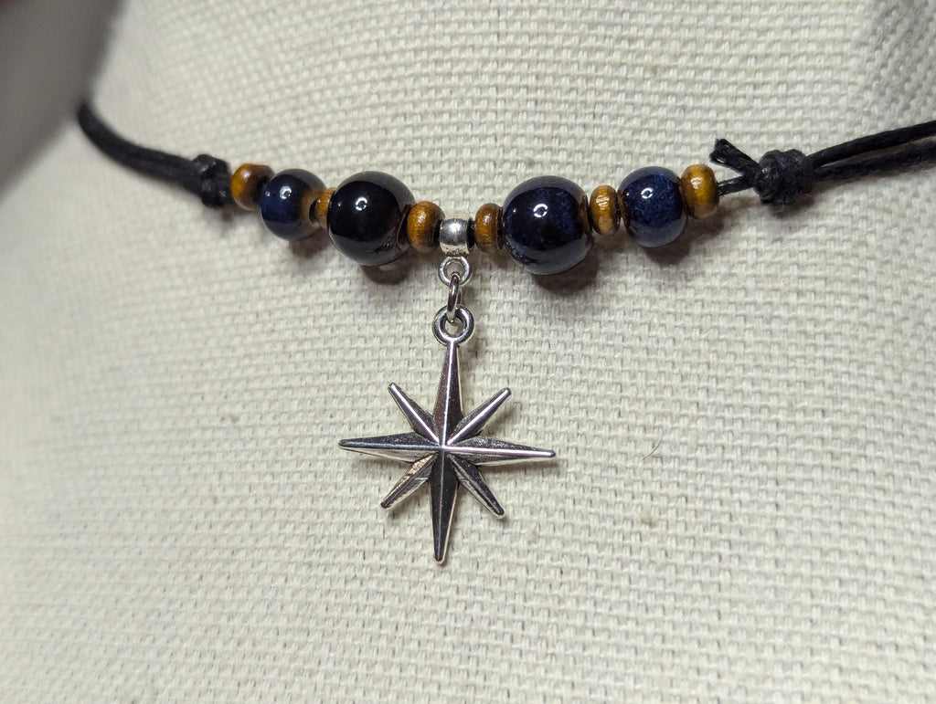 NoctemPottery Ceramic Beaded Star Charm Pendant Choker Necklace Adjustable Black Cord