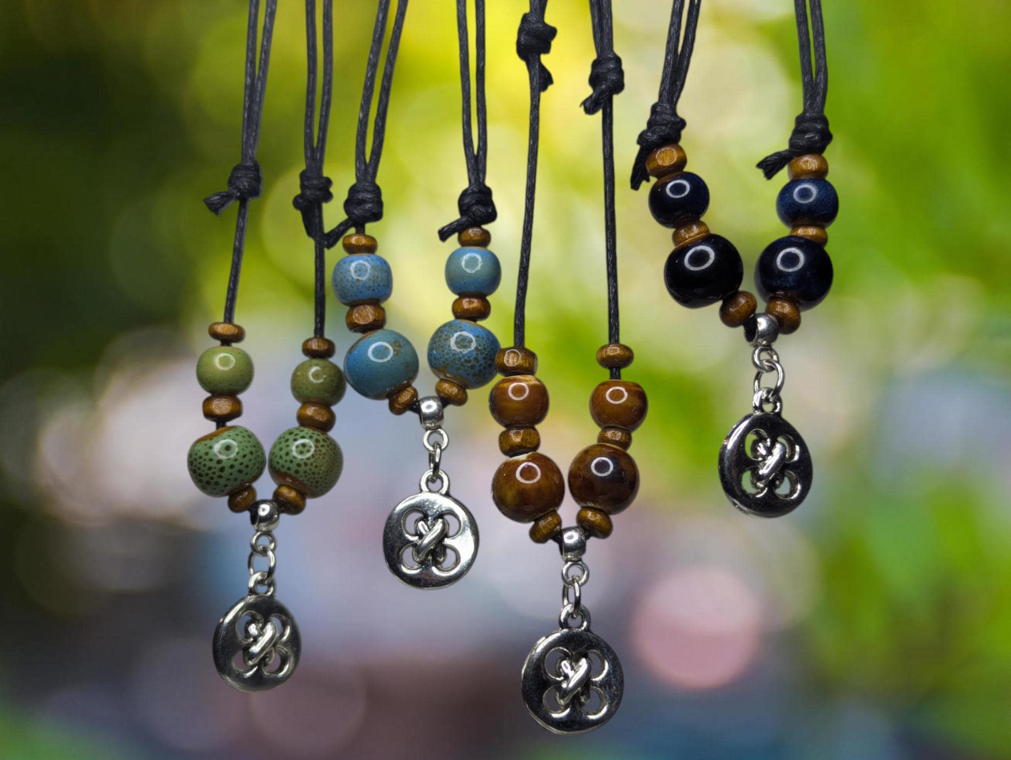 NoctemPottery Ceramic Beaded Silver Button Boho Pendant Necklace Adjustable Cord