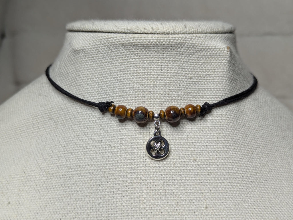 NoctemPottery Ceramic Beaded Silver Button Boho Pendant Necklace Adjustable Cord