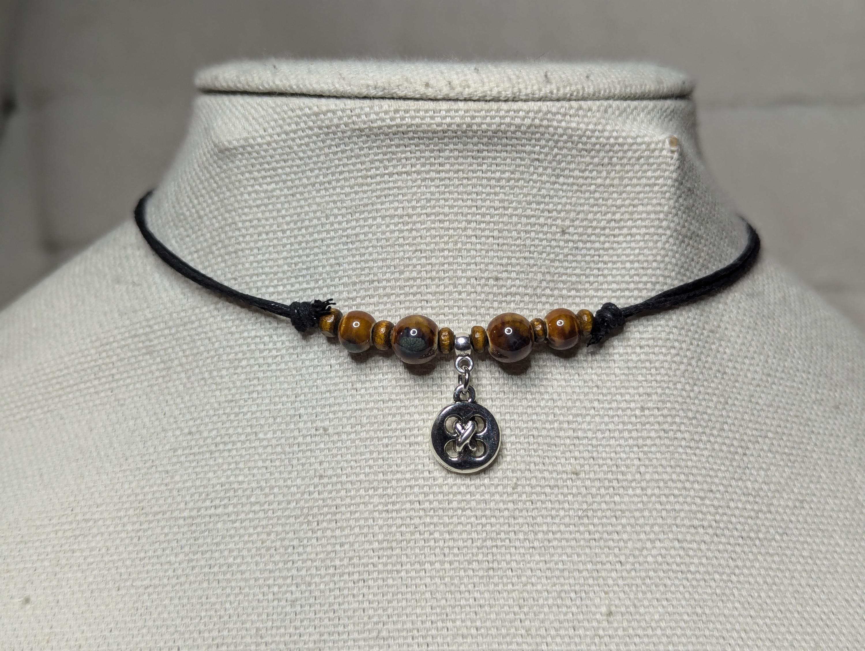 NoctemPottery Ceramic Beaded Silver Button Boho Pendant Necklace Adjustable Cord