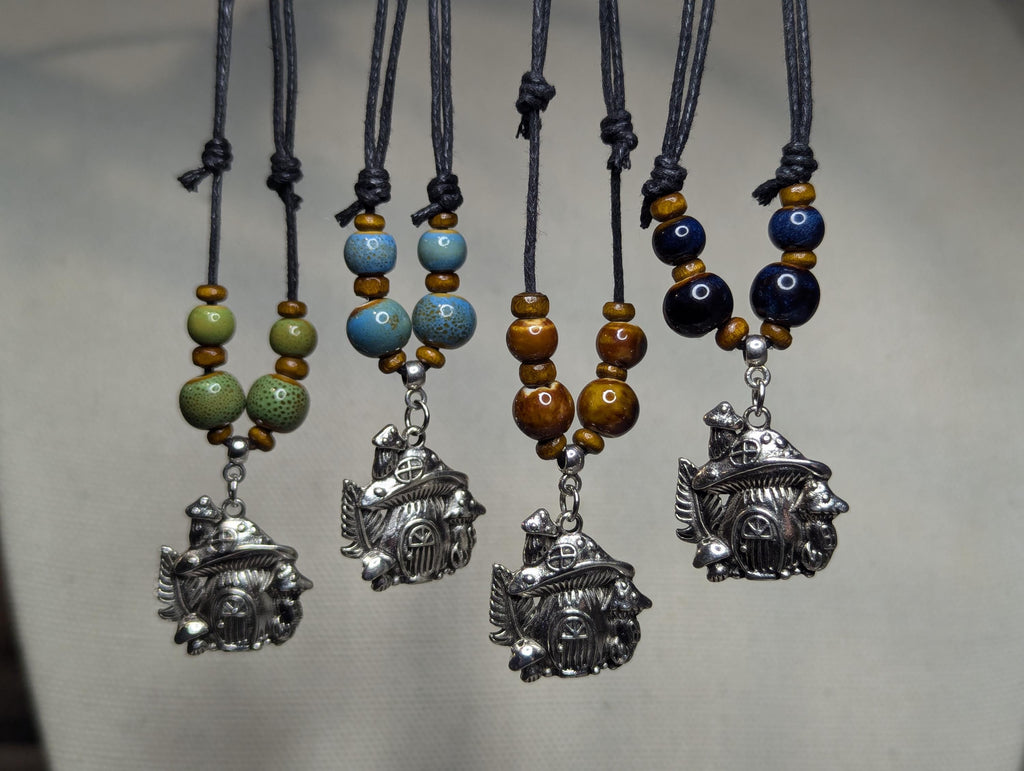 NoctemPottery Ceramic Beaded Silver Mushroom Charm Pendant Necklace