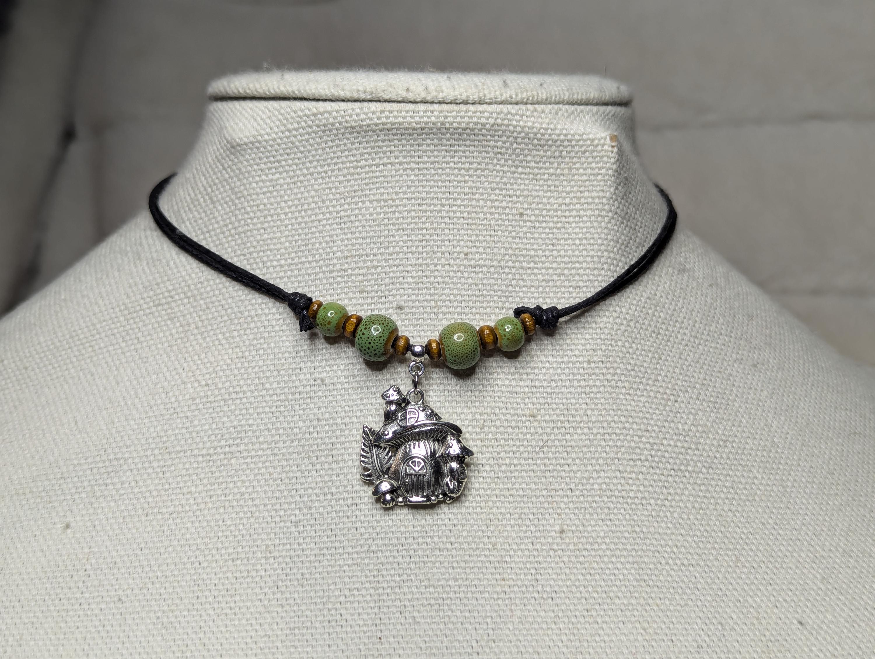 NoctemPottery Ceramic Beaded Silver Mushroom Charm Pendant Necklace