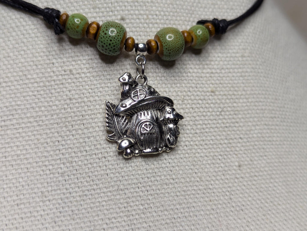 NoctemPottery Ceramic Beaded Silver Mushroom Charm Pendant Necklace