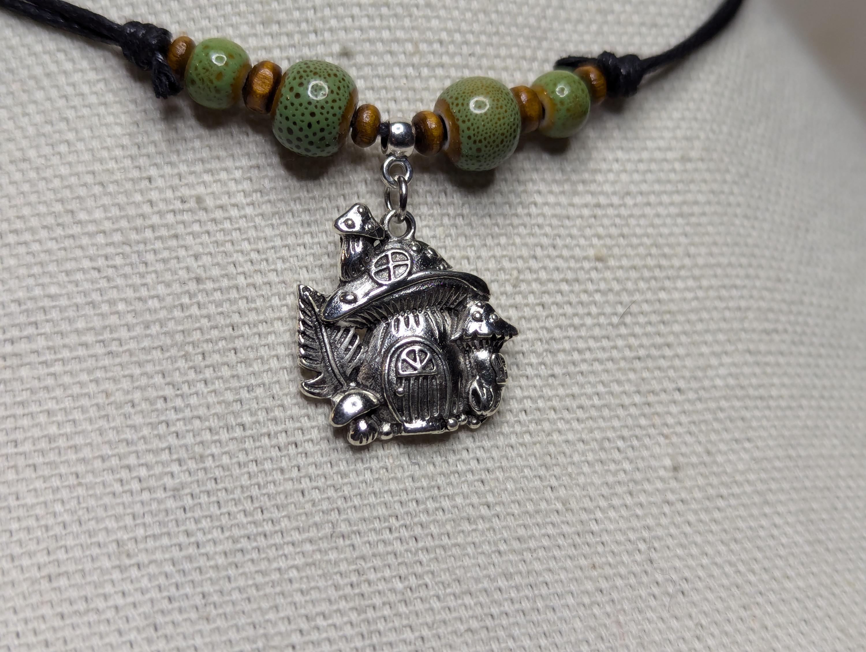 NoctemPottery Ceramic Beaded Silver Mushroom Charm Pendant Necklace