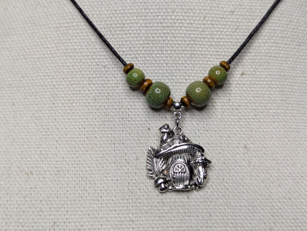 NoctemPottery Ceramic Beaded Silver Mushroom Charm Pendant Necklace