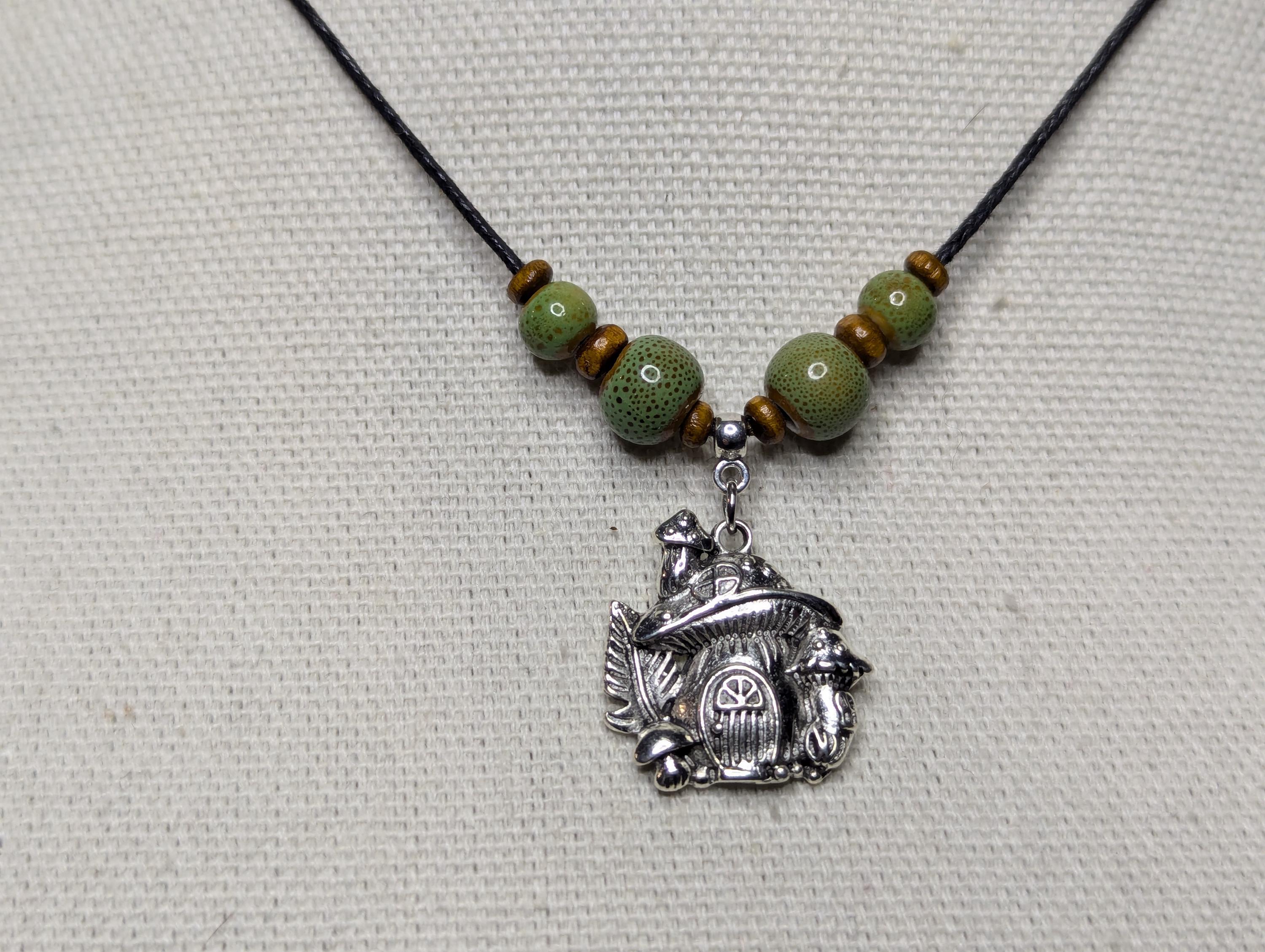 NoctemPottery Ceramic Beaded Silver Mushroom Charm Pendant Necklace