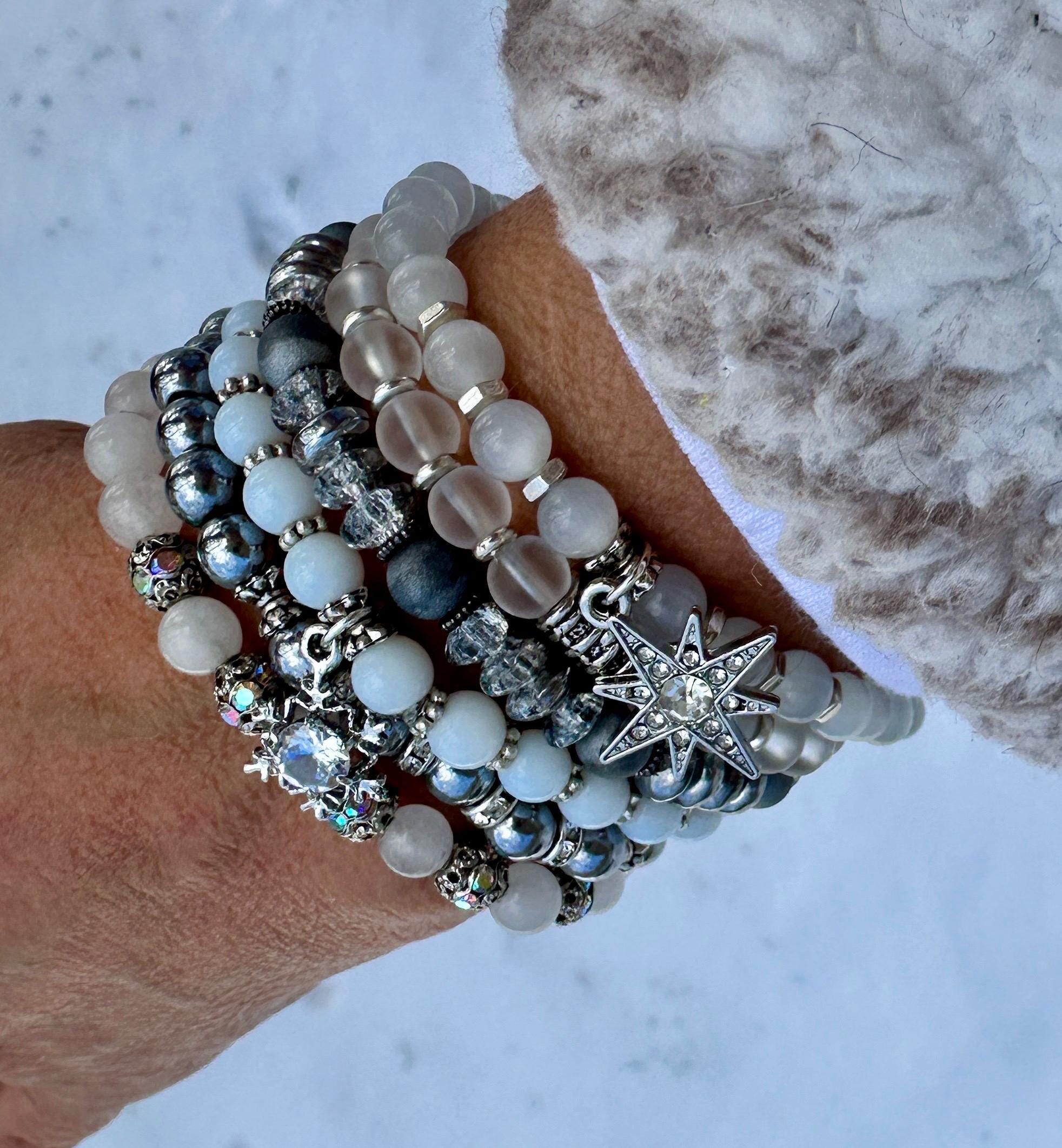 MossberryandStone Winter Wonderland Bracelet Stack 6-Piece Silver Beaded