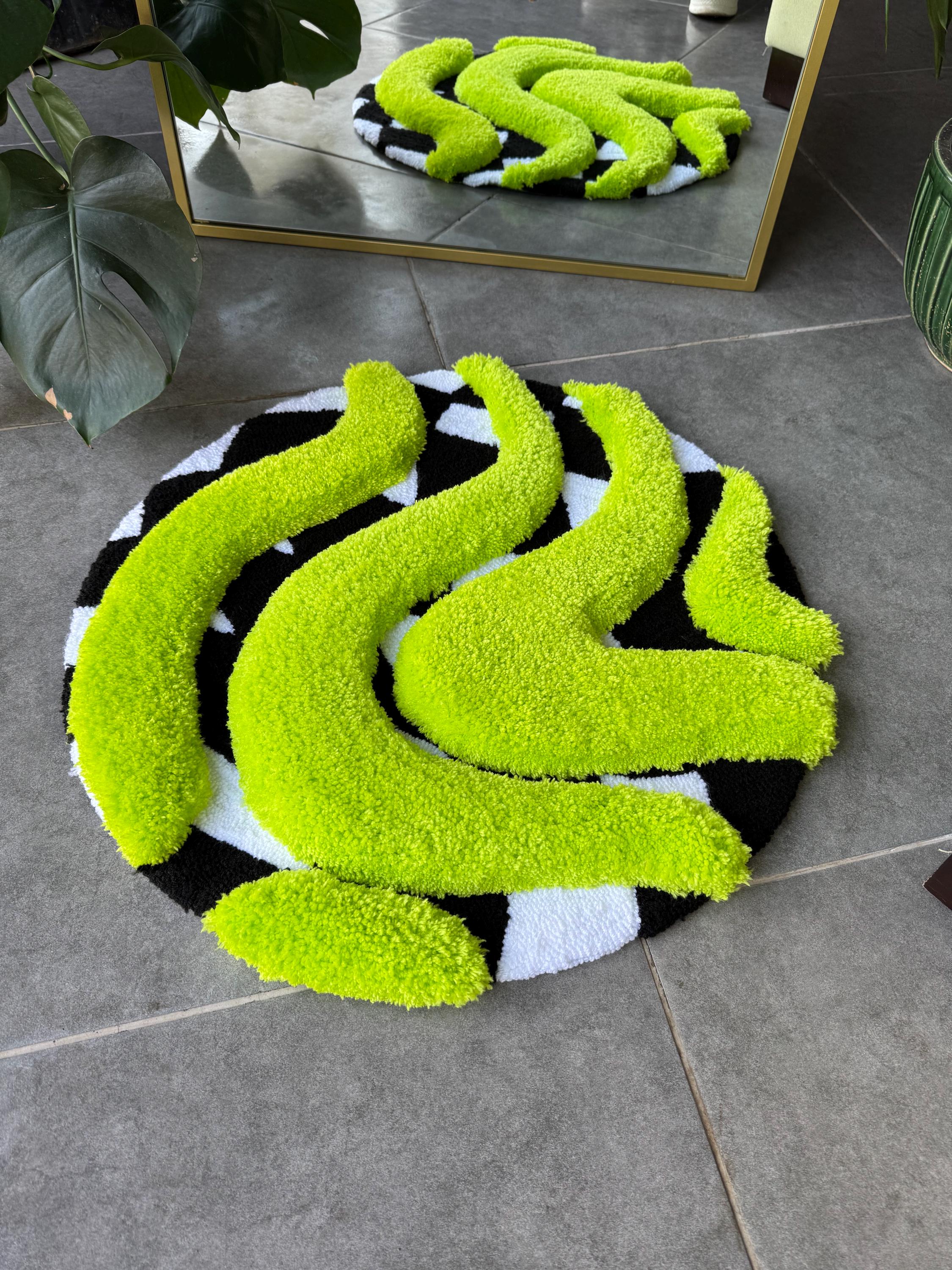 OrnnWorks 3D Vibrant Green & Checkered Fluffy Handmade Tufted Rug