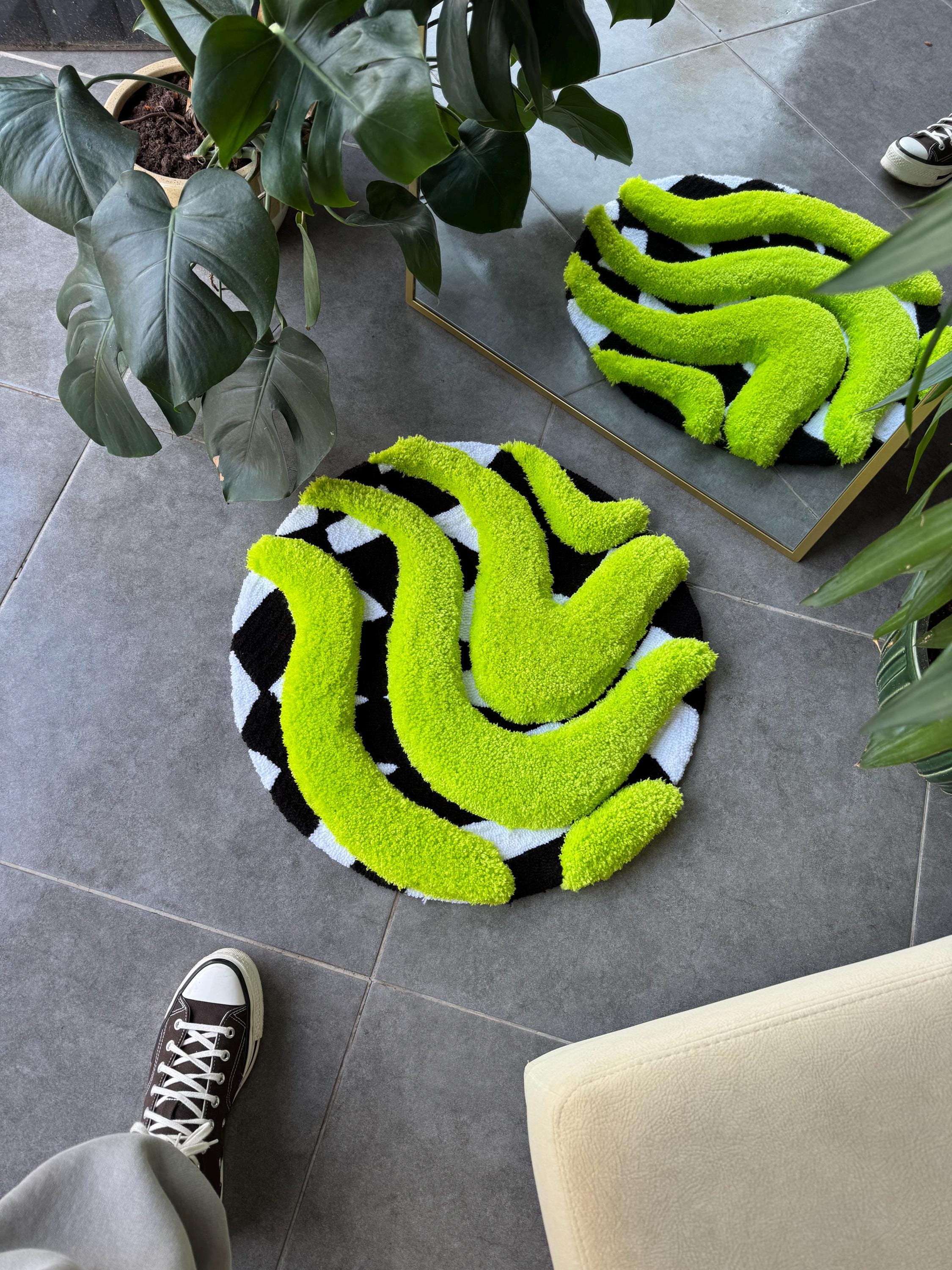 OrnnWorks 3D Vibrant Green & Checkered Fluffy Handmade Tufted Rug