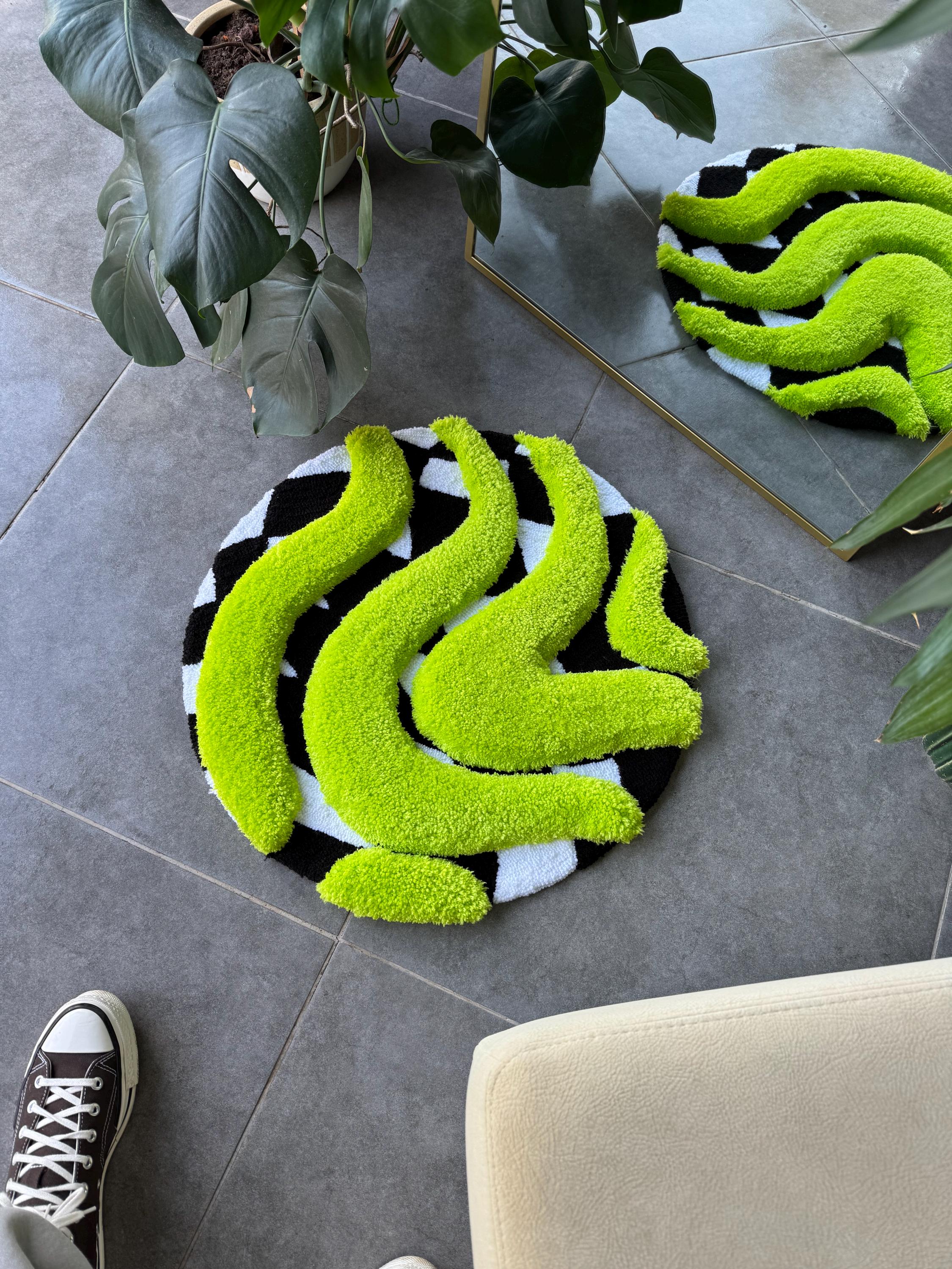 OrnnWorks 3D Vibrant Green & Checkered Fluffy Handmade Tufted Rug