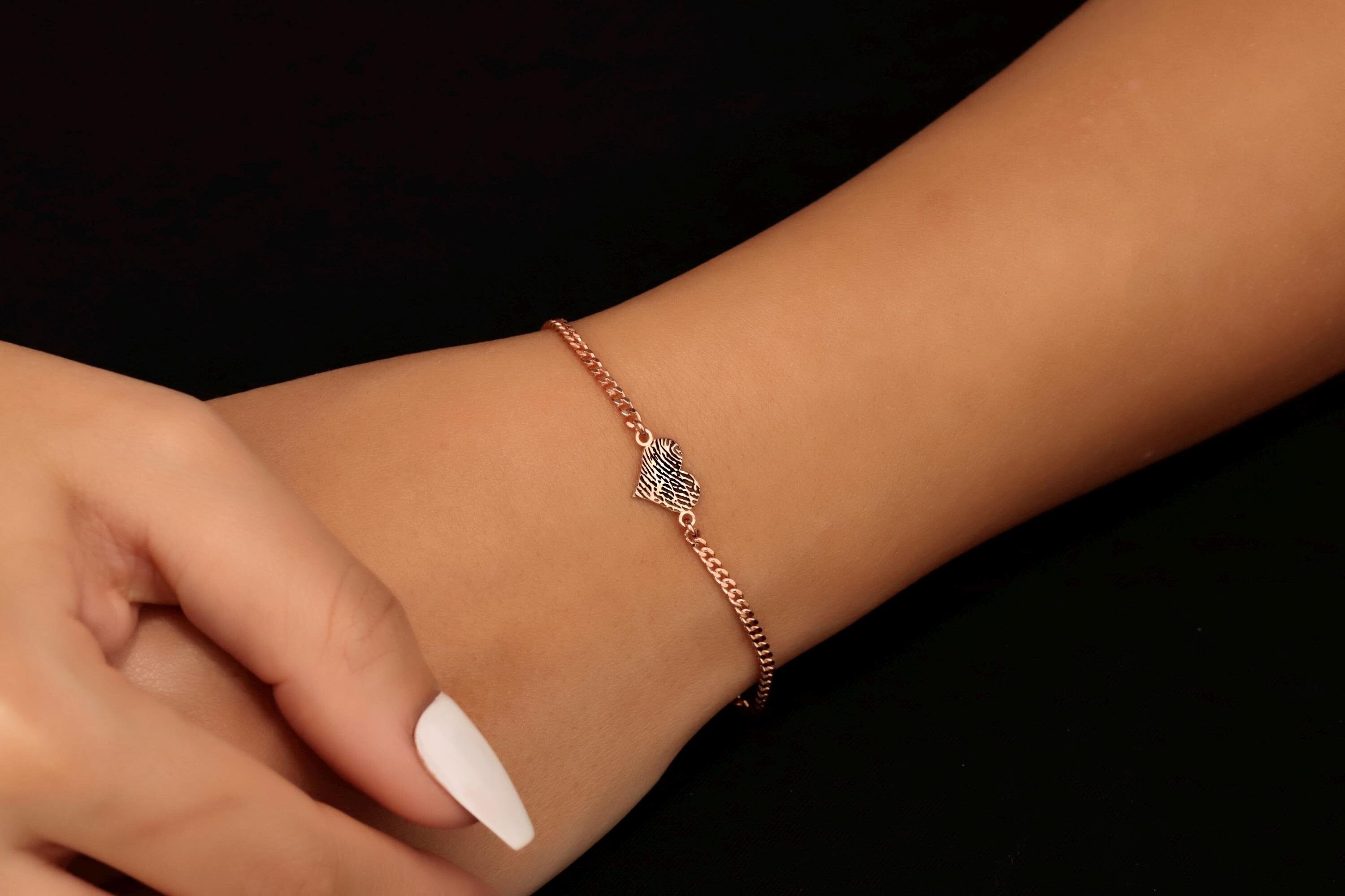Sterling Silver Fingerprint Heart Bracelet: Custom Engraved Jewelry