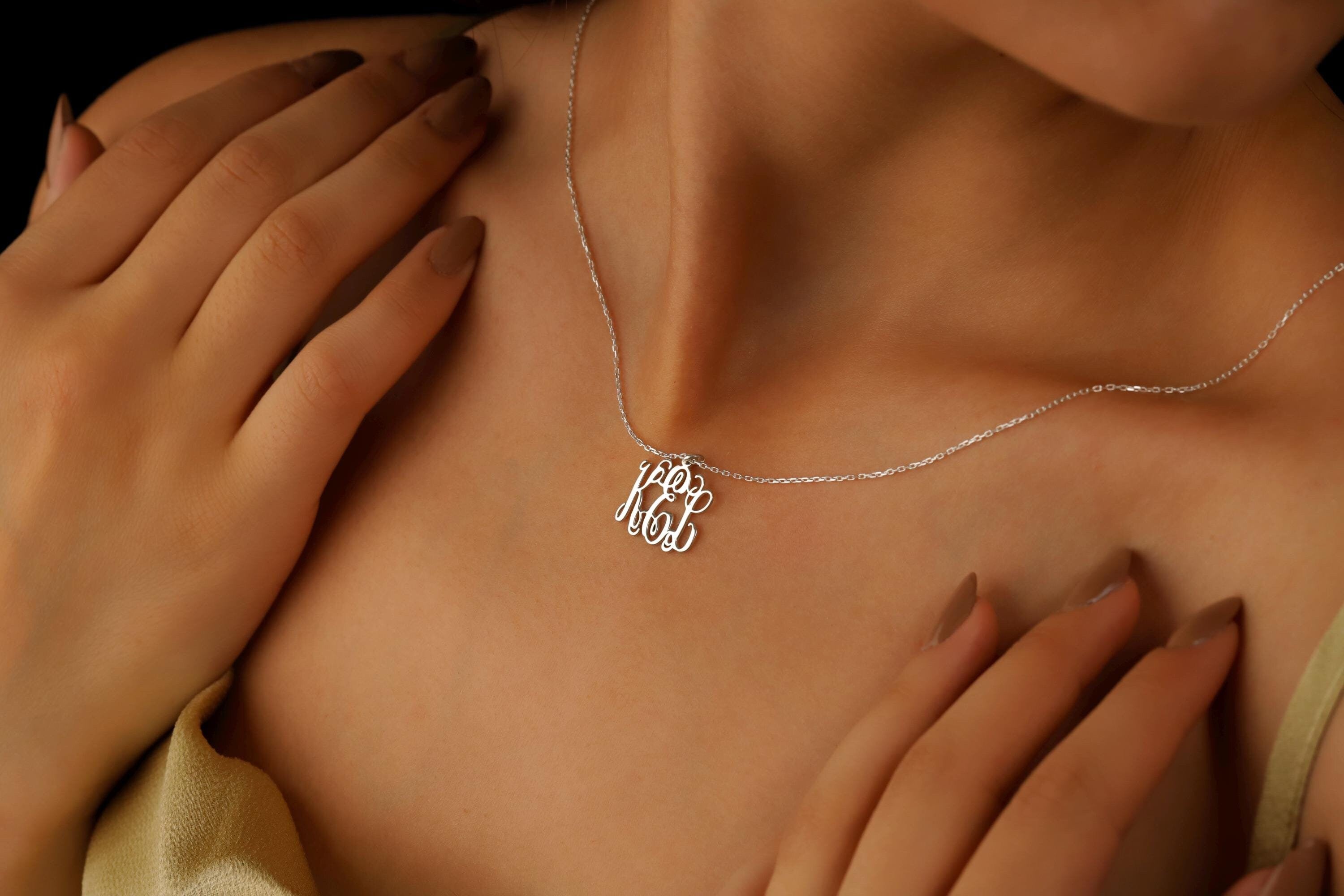 SilverGoldandRose Vine Monogram Necklace Personalized Initial Jewelry