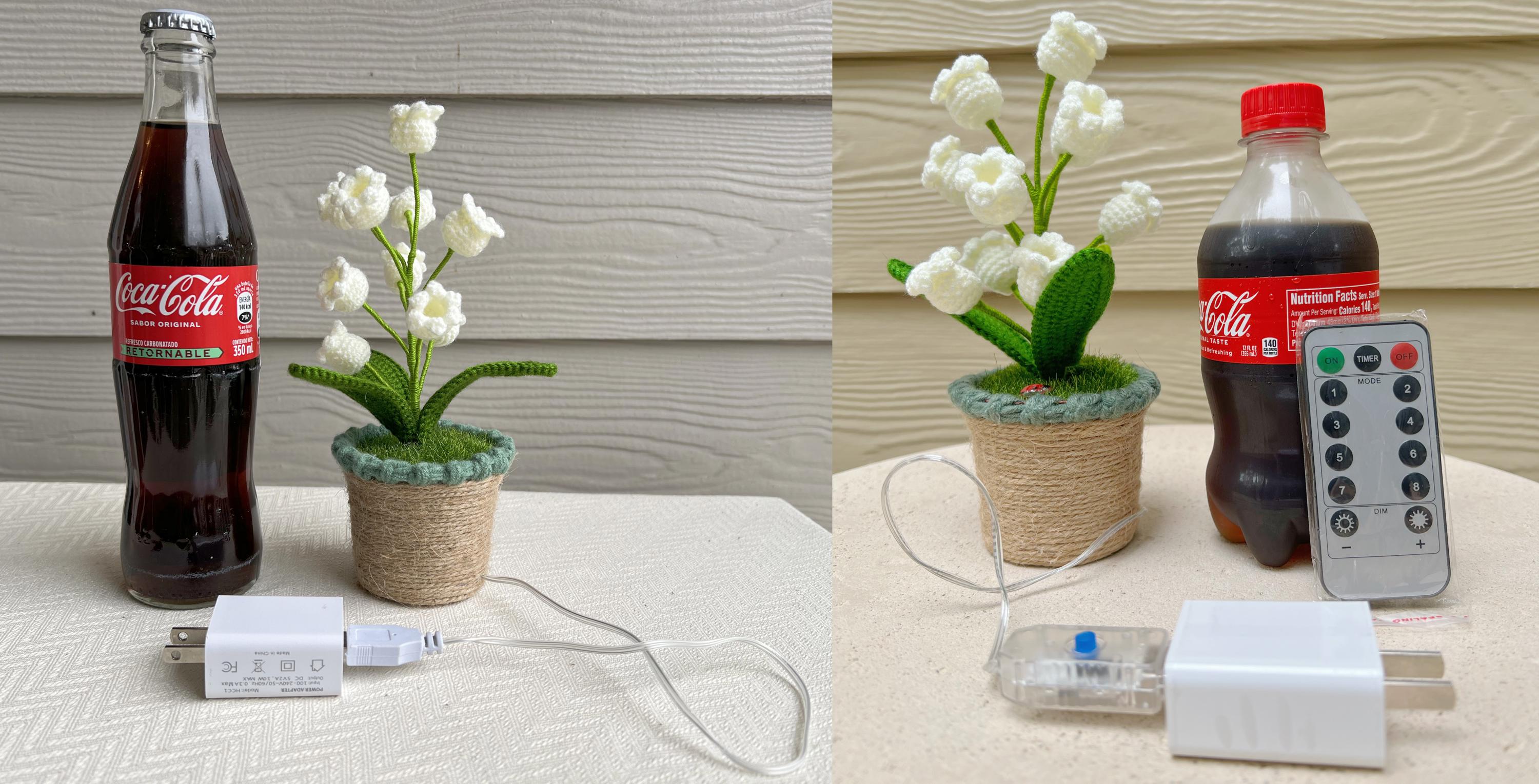 CrochetRecipe Handmade Lily of the Valley Potted Plant LED Lamp 8in White
