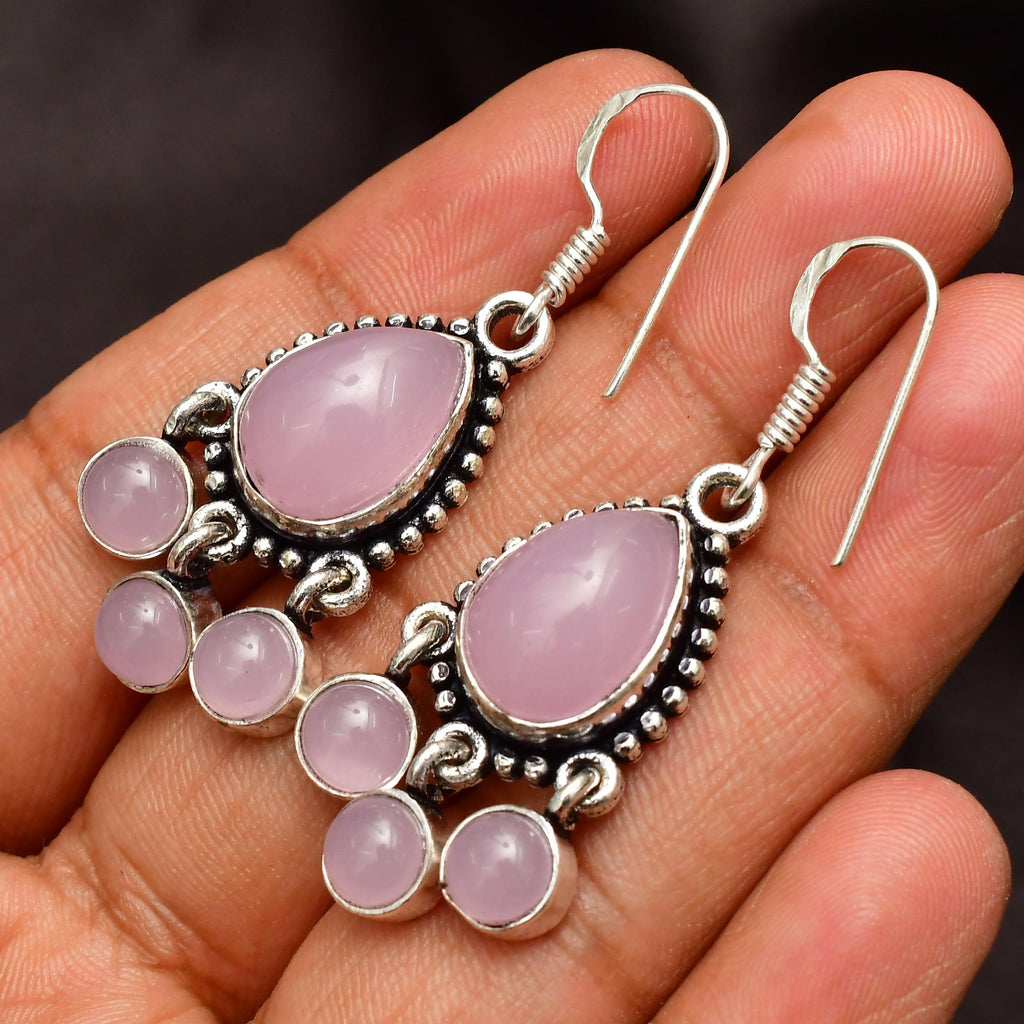 EkkJewels Rose Quartz 925 Sterling Silver Dangle Earrings Handmade Bohemian