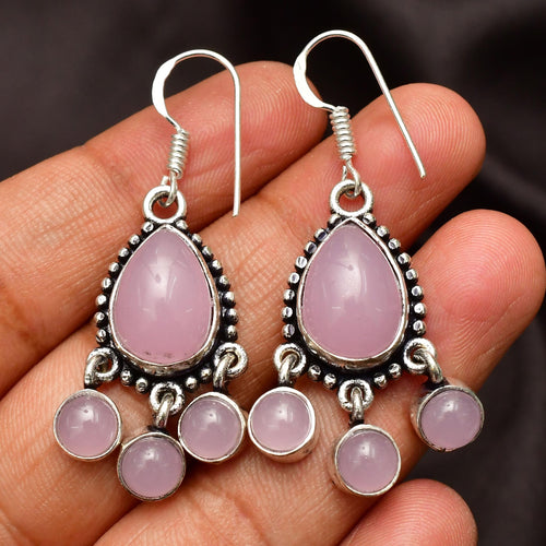 EkkJewels Rose Quartz 925 Sterling Silver Dangle Earrings Handmade Bohemian
