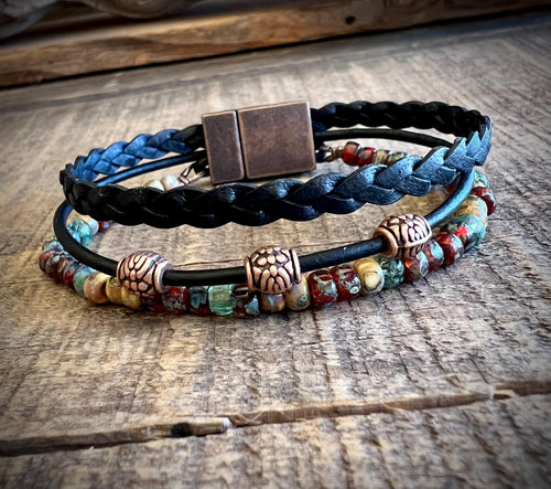 Earthy Boho Braided Leather Wrap Bracelet with Magnetic Clasp
