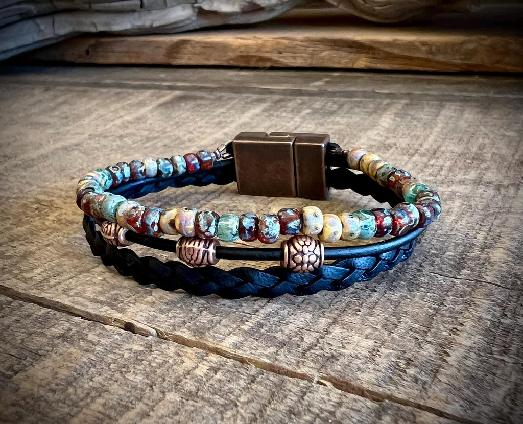 Earthy Boho Braided Leather Wrap Bracelet with Magnetic Clasp