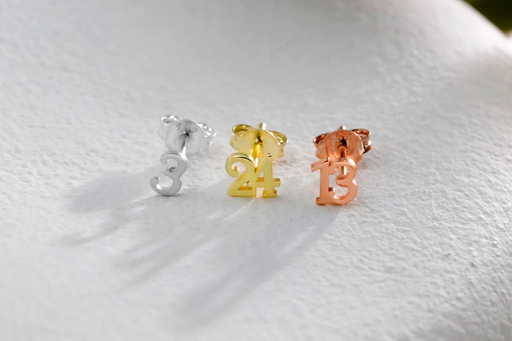 SilverGoldandRose Gold Number Earrings Sterling Silver Personalized Stud Jewelry