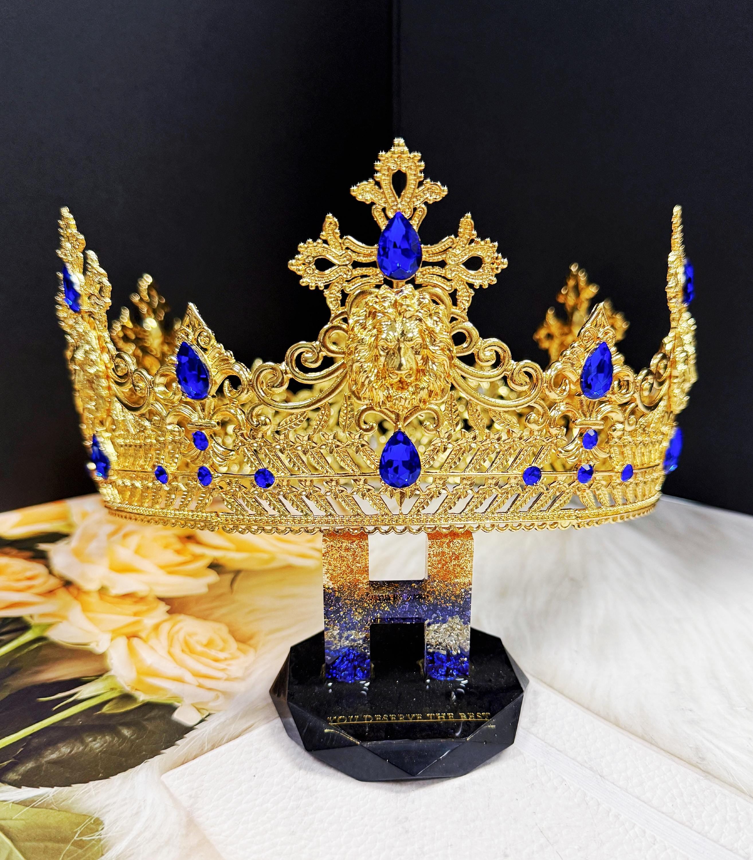 HappyJewelryWorld Gold Lion King Crown Blue Crystal Tiara XL 23.5in