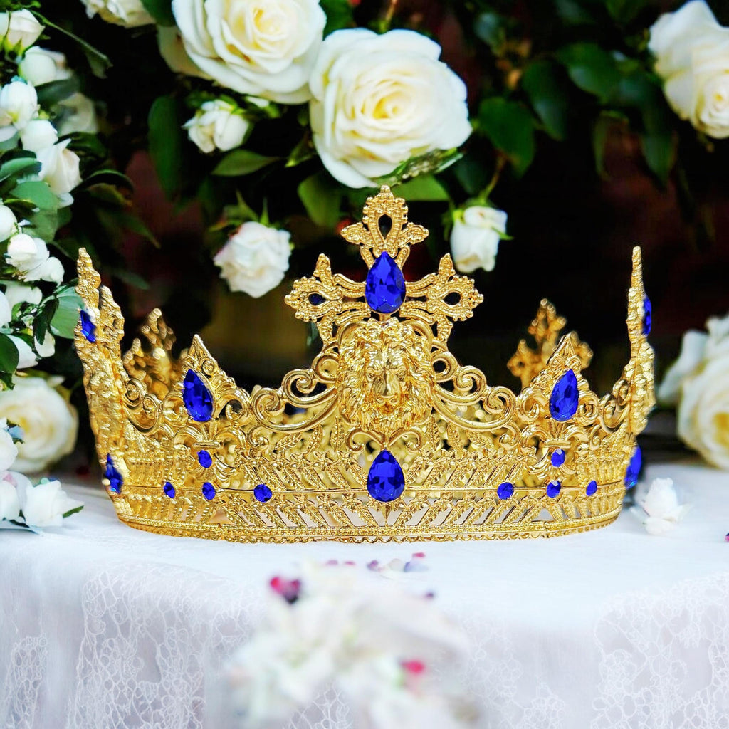 HappyJewelryWorld Gold Lion King Crown Blue Crystal Tiara XL 23.5in