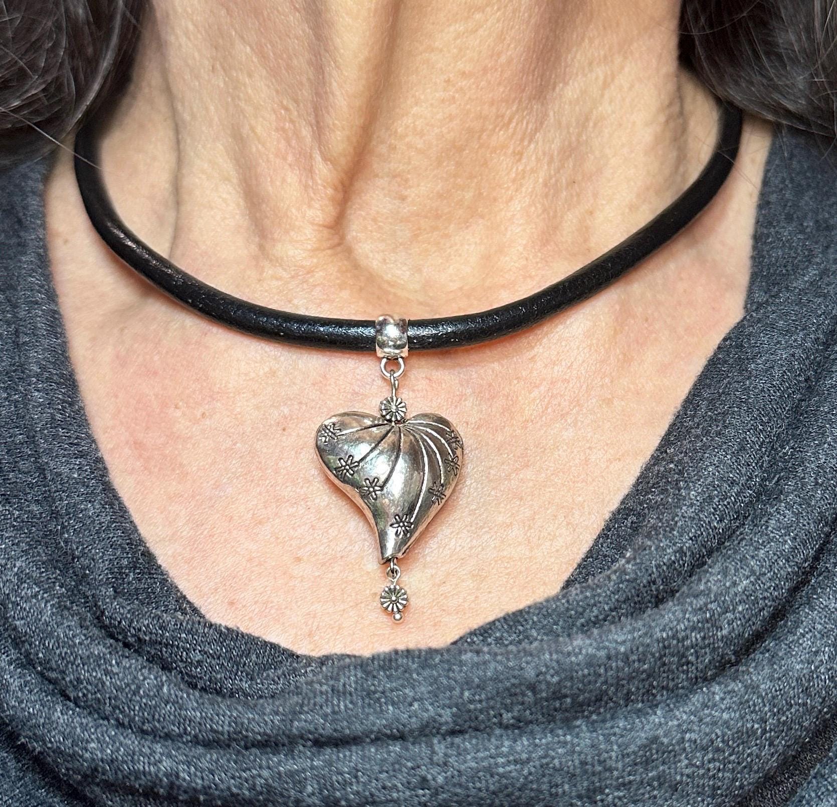 MossberryandStone Leather Choker Necklace With Puffed Heart Pendant