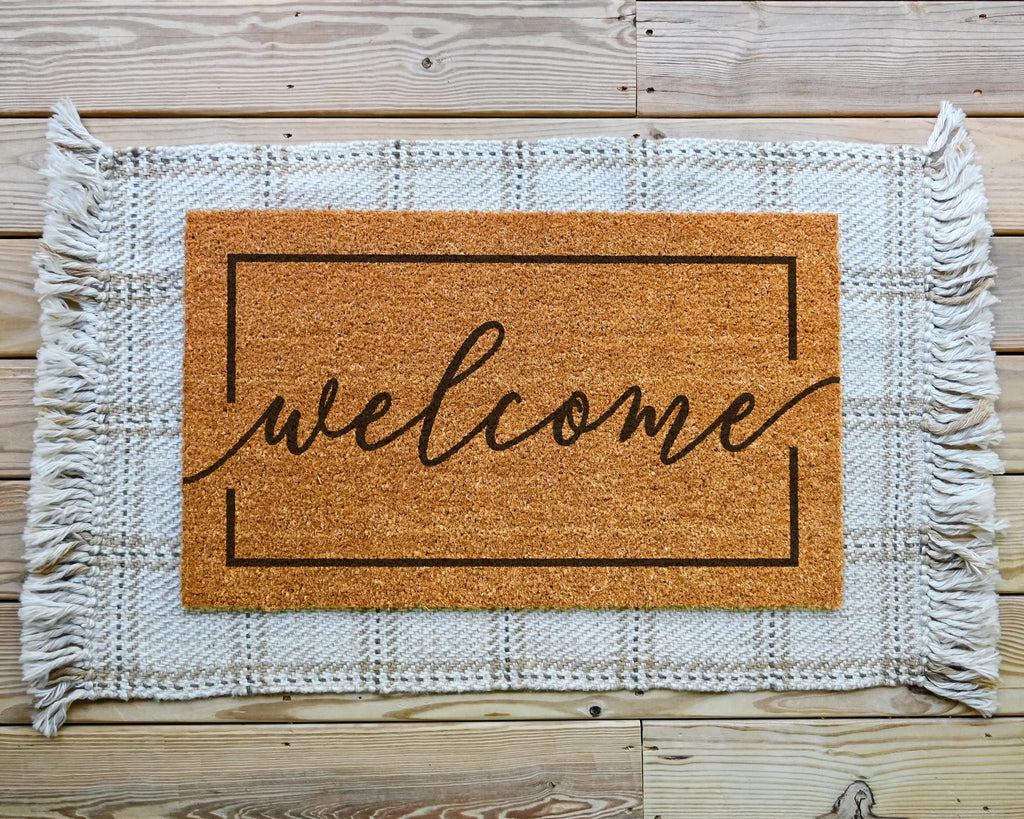 HamlinRowShop Cursive Coir Welcome Door Mat Natural Brown