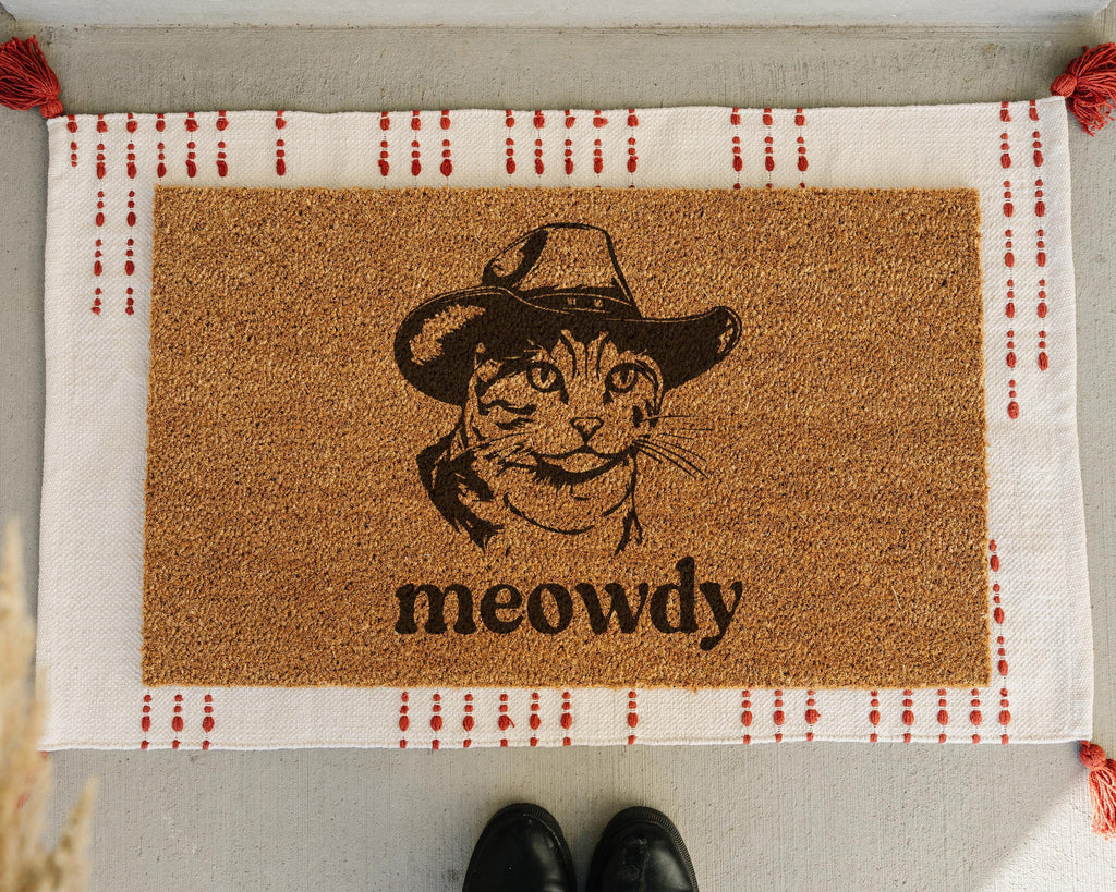 HamlinRowShop Meowdy Doormat Funny Cowboy Kitty Coir Welcome Mat