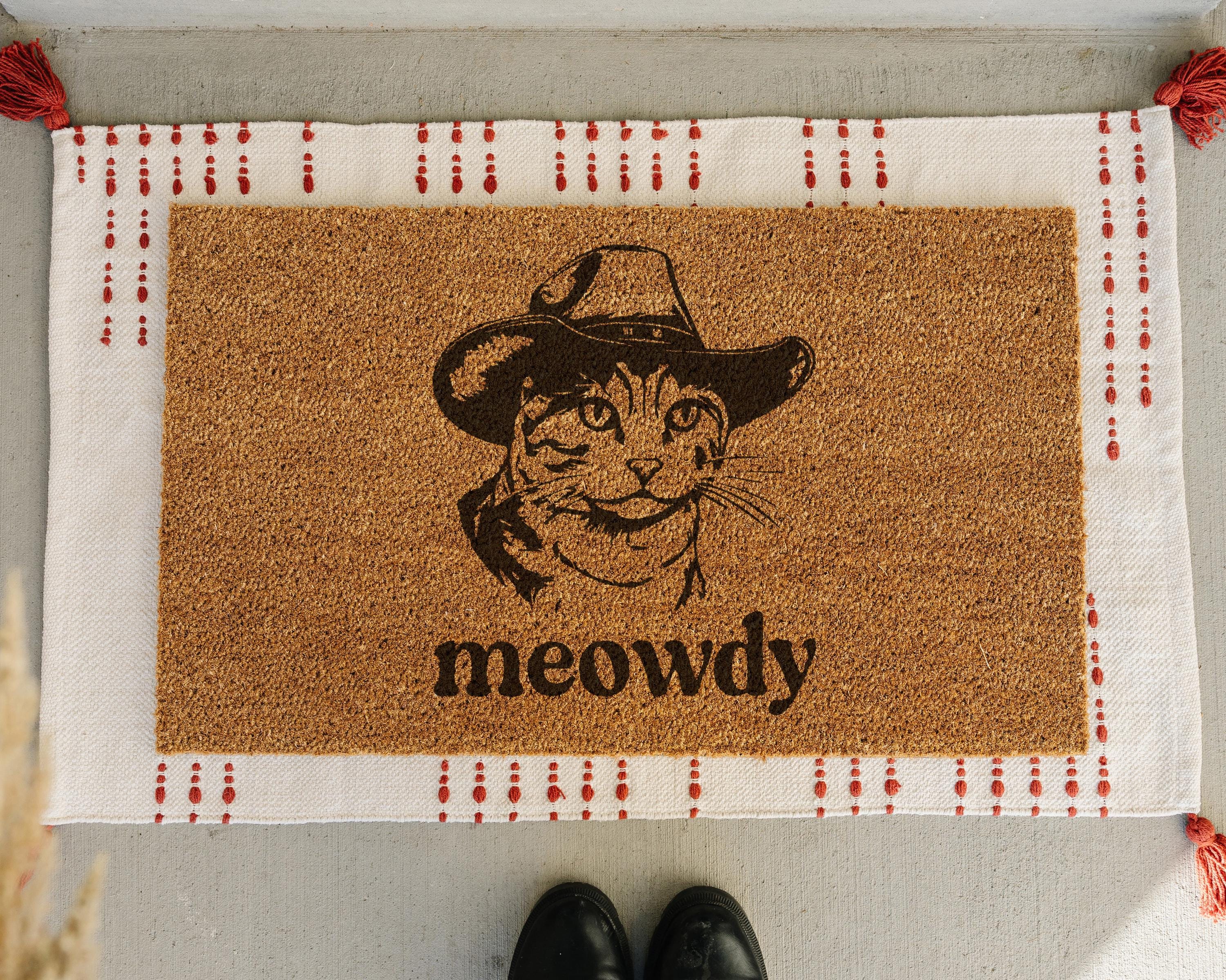 HamlinRowShop Meowdy Doormat Funny Cowboy Kitty Coir Welcome Mat