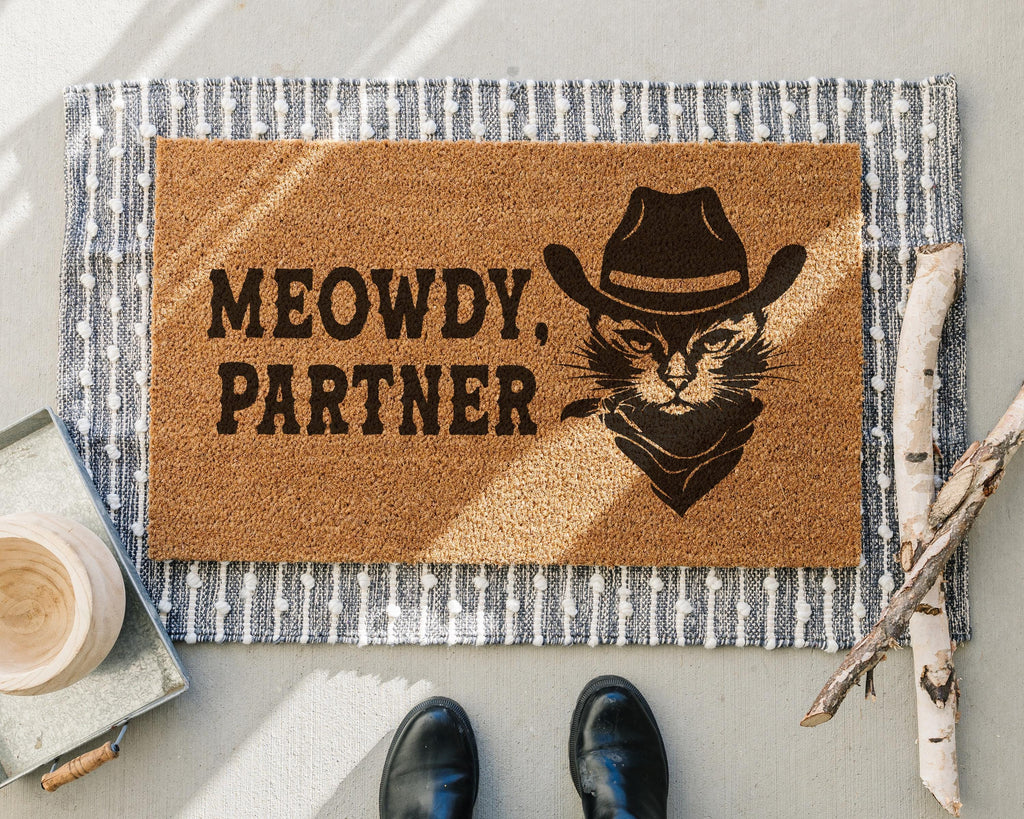 HamlinRowShop Meowdy Partner Coir Doormat Funny Cowboy Cat