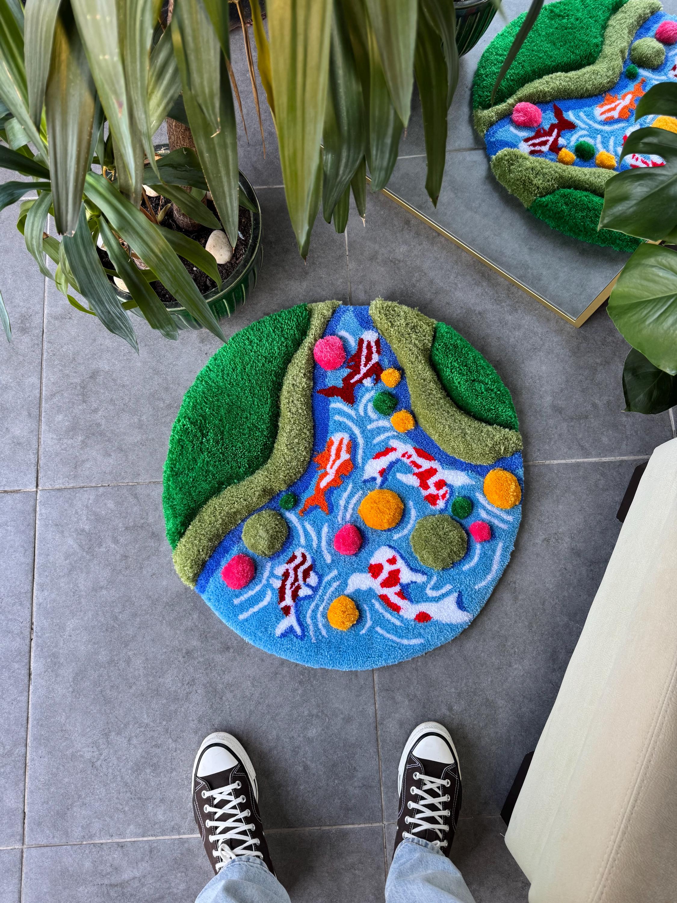 OrnnWorks Koi Fish & Moss 3D Fluffy Tufted Rug