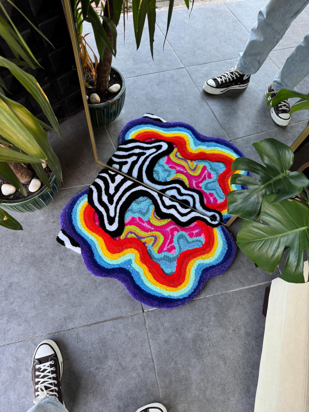 OrnnWorks Colorful Rainbow Fluffy Psychedelic Mirror Front Tufted Rug