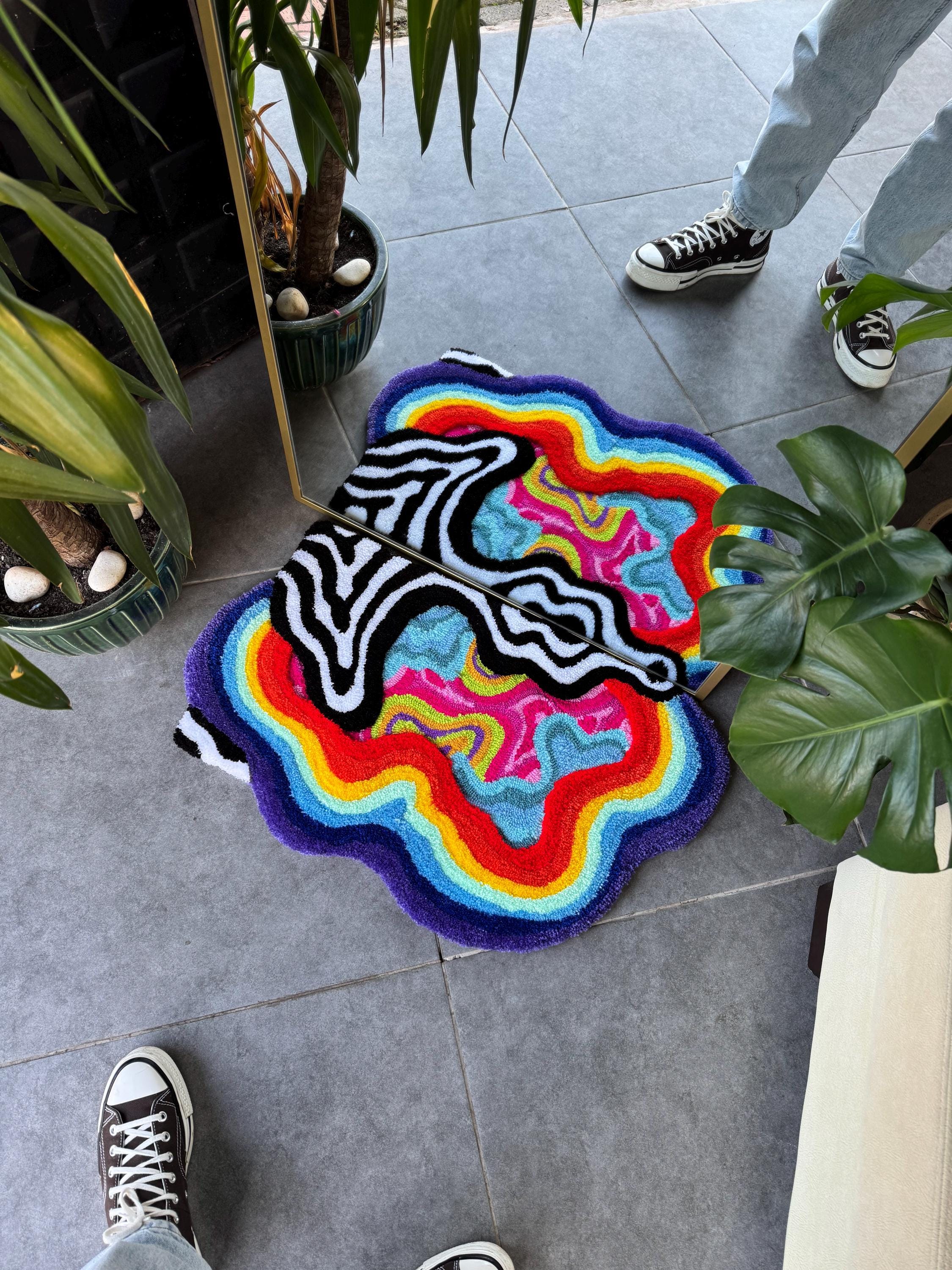 OrnnWorks Colorful Rainbow Fluffy Psychedelic Mirror Front Tufted Rug