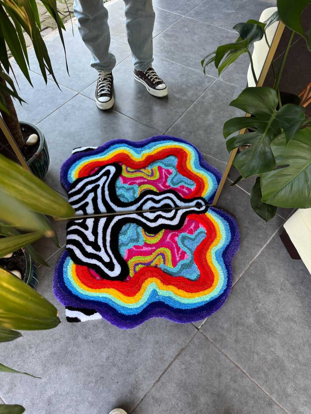 OrnnWorks Colorful Rainbow Fluffy Psychedelic Mirror Front Tufted Rug
