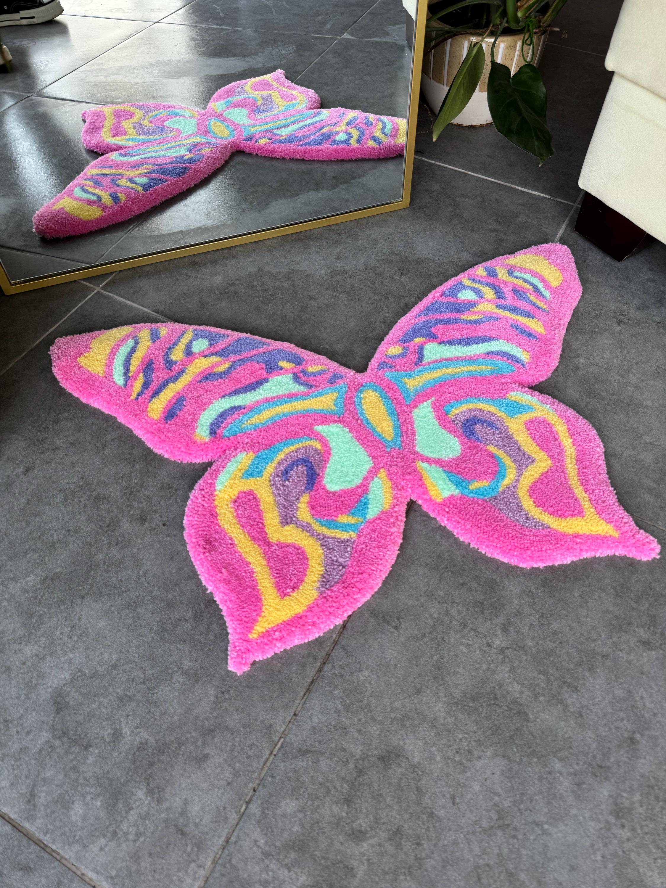 OrnnWorks Colorful Butterfly Fluffy Handmade Tufted Rug 80cm